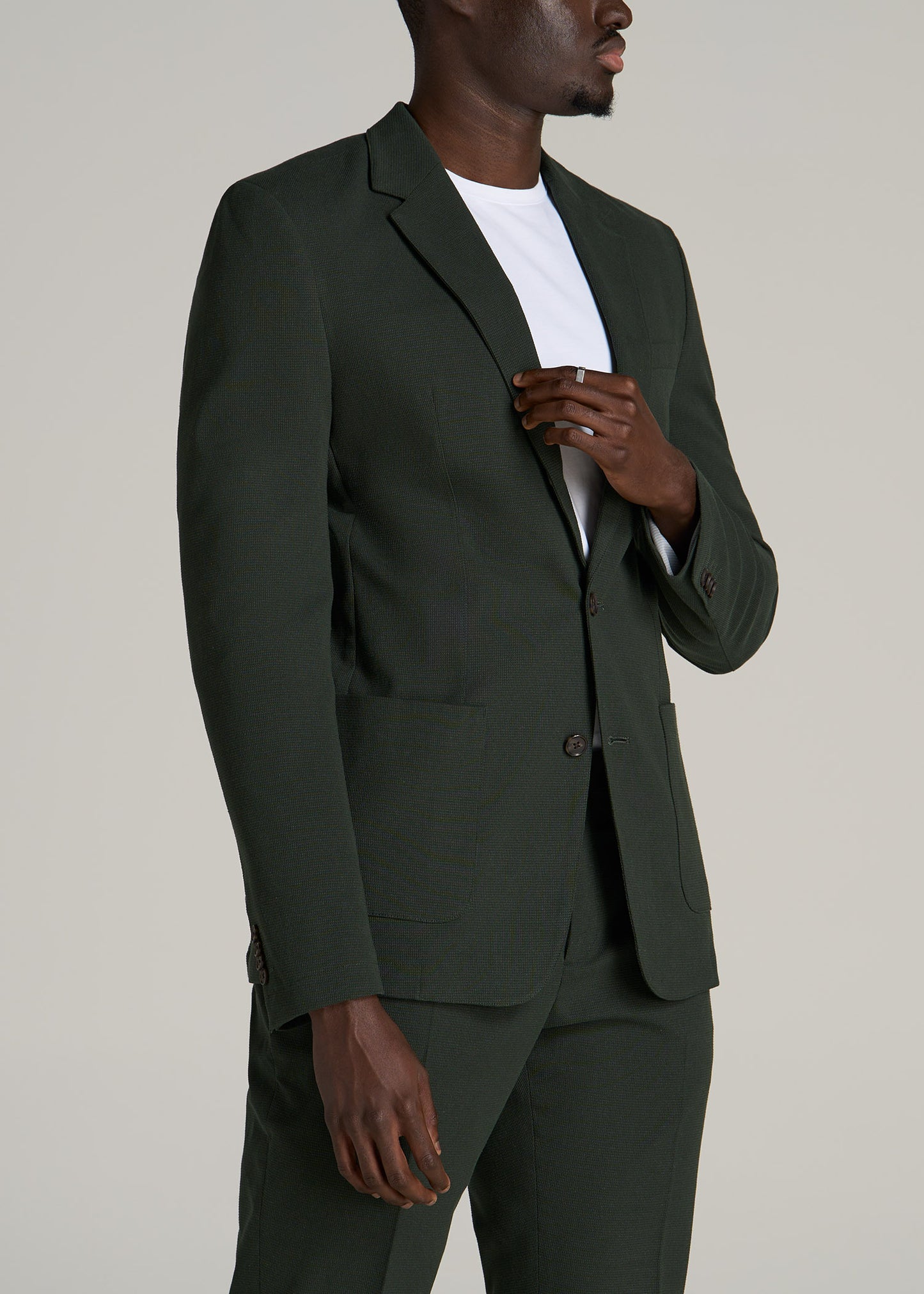 Textured Garment Washed Stretch Cotton Tall Blazer in Dark Olive Green