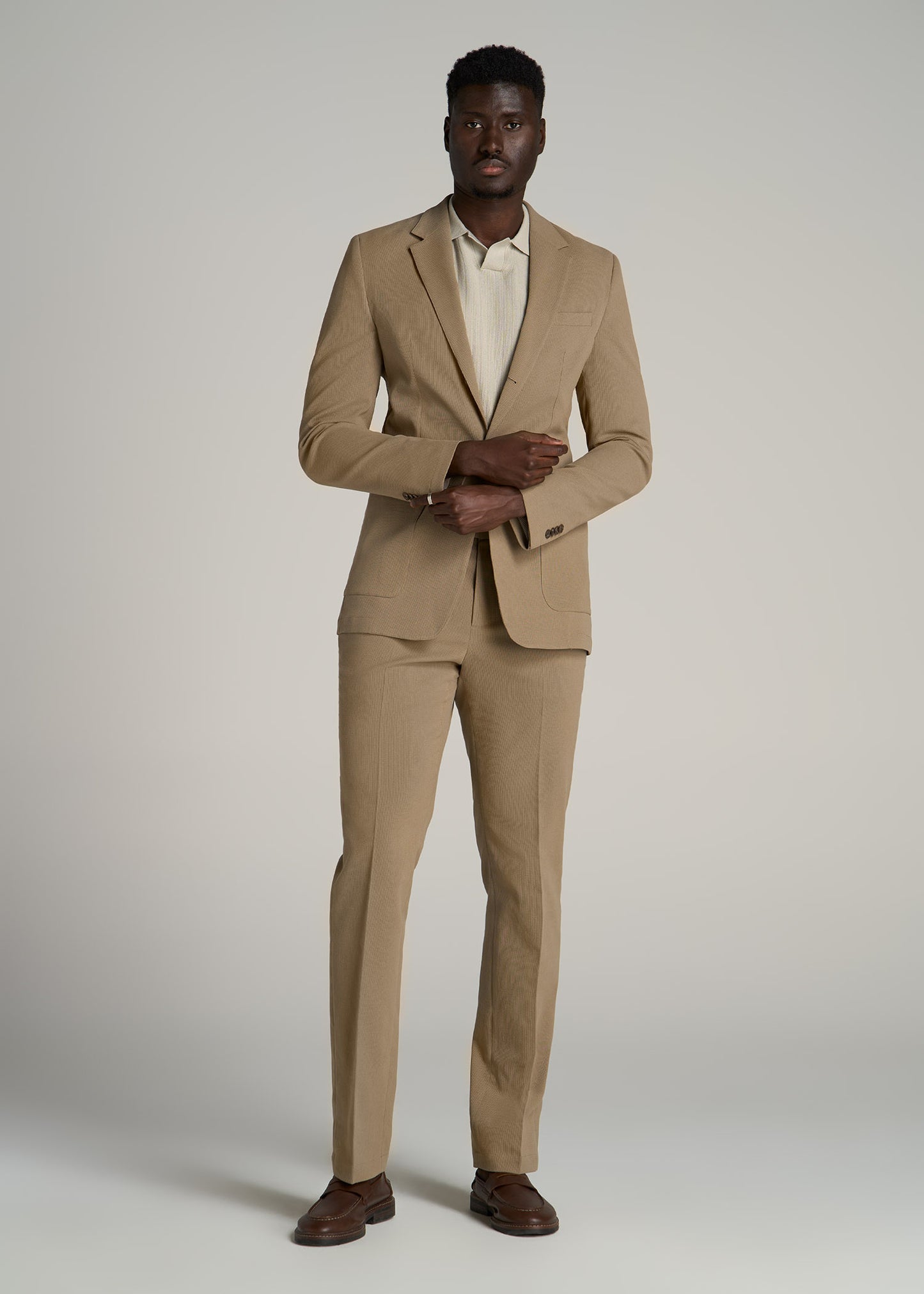 Textured Garment Washed Stretch Cotton Tall Blazer in Desert Khaki