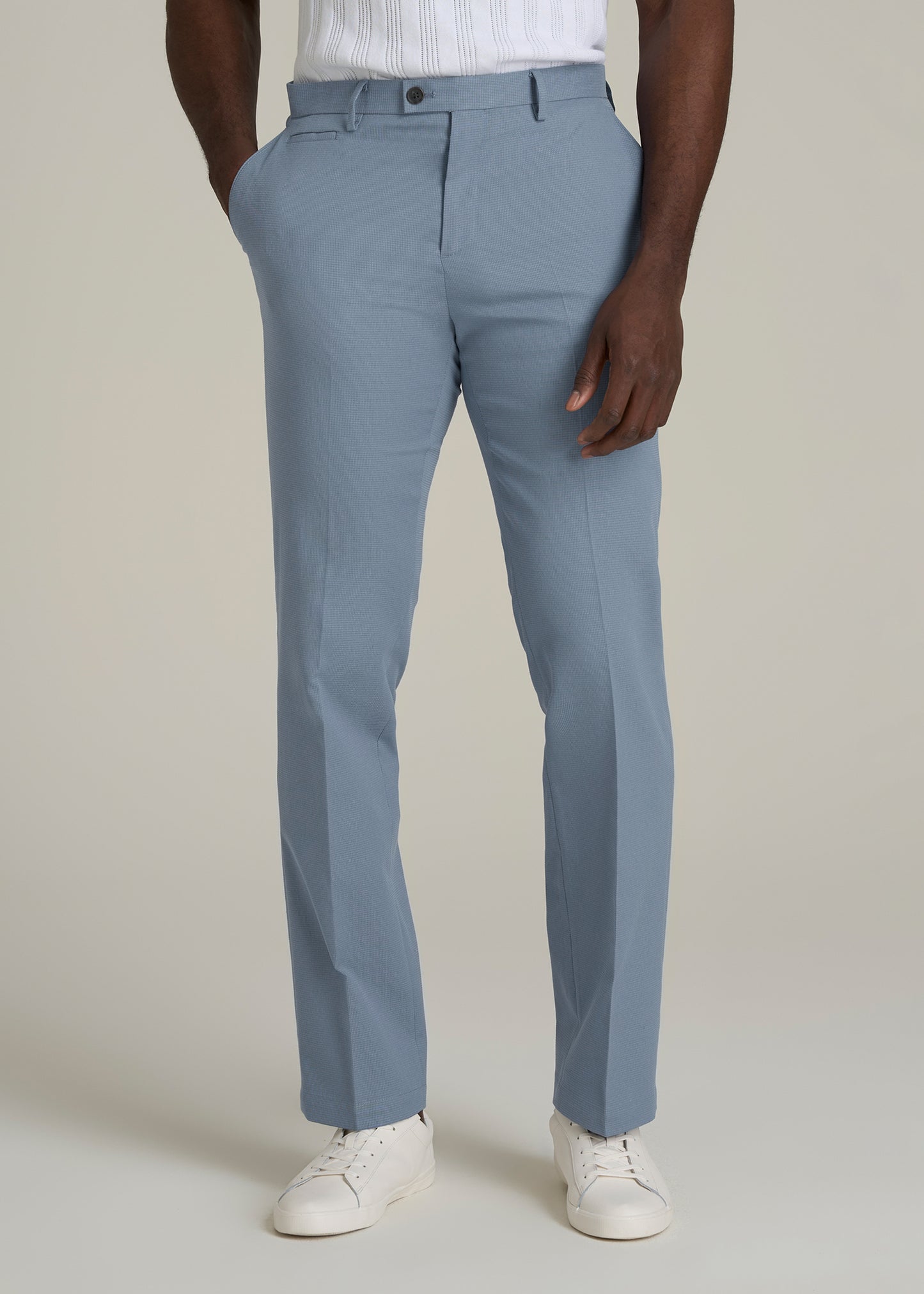 Textured Garment Washed Stretch Cotton Suit Pants for Tall Men in Chambray