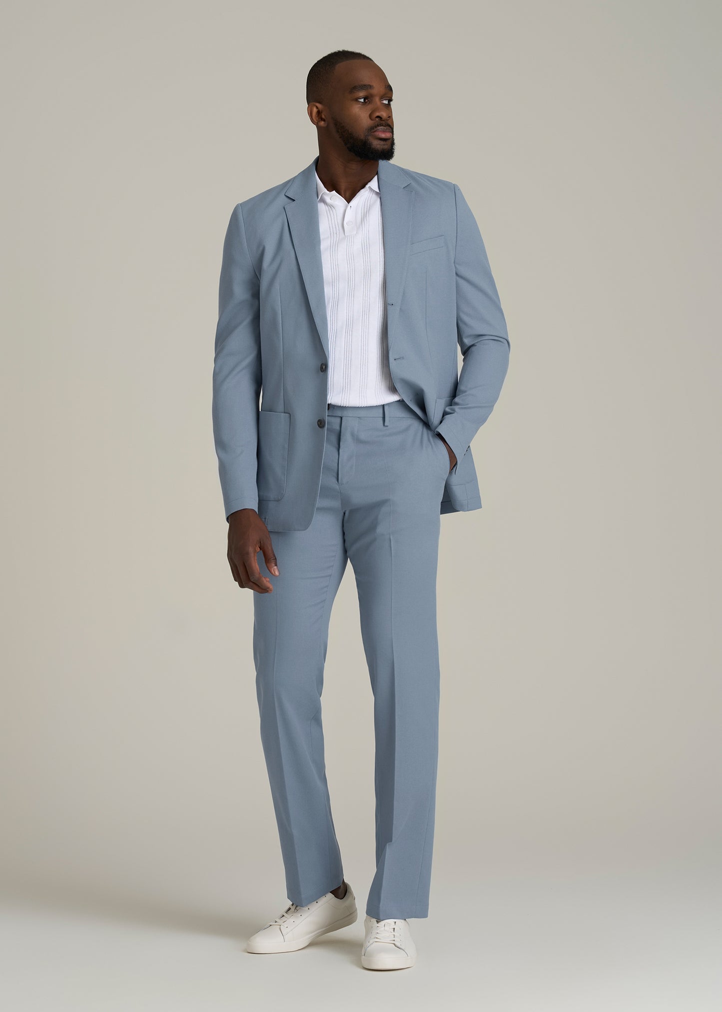 Textured Garment Washed Stretch Cotton Suit Pants for Tall Men in Chambray