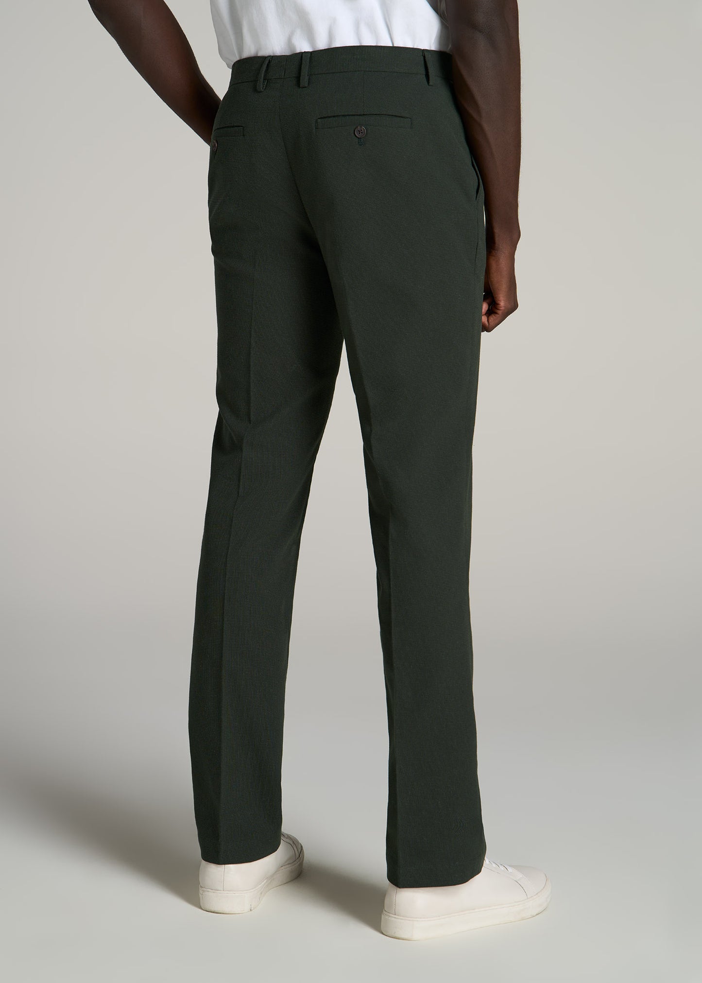 Textured Garment Washed Stretch Cotton Suit Pants for Tall Men in Dark Olive Green