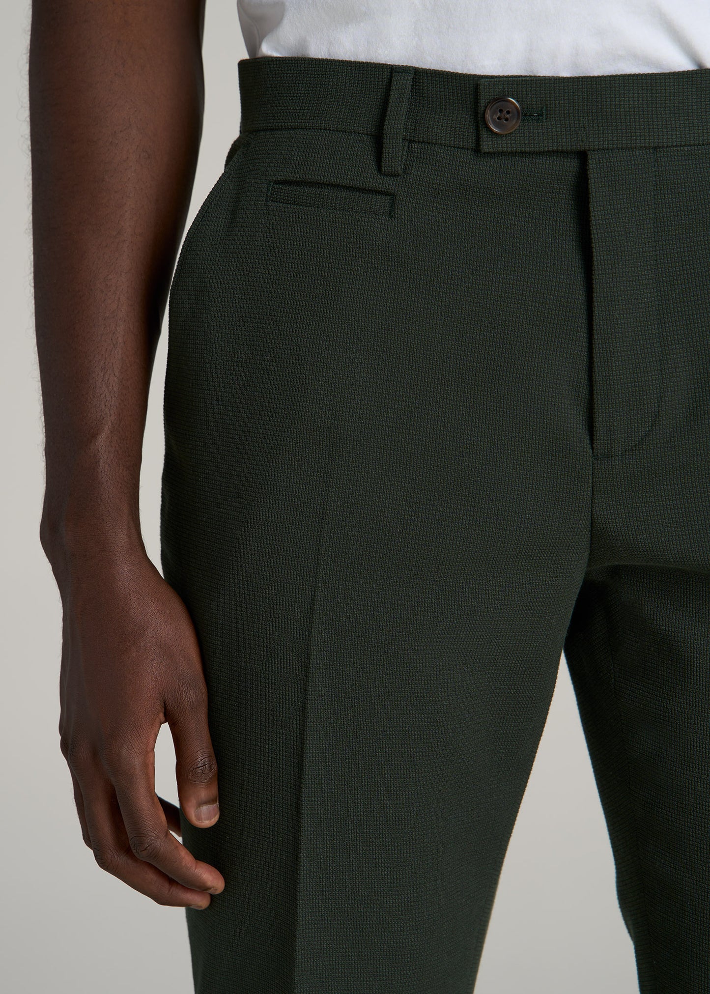 Textured Garment Washed Stretch Cotton Suit Pants for Tall Men in Dark Olive Green