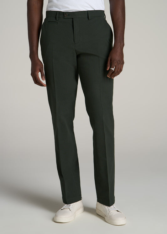 Textured Garment Washed Stretch Cotton Suit Pants for Tall Men in Dark Olive Green