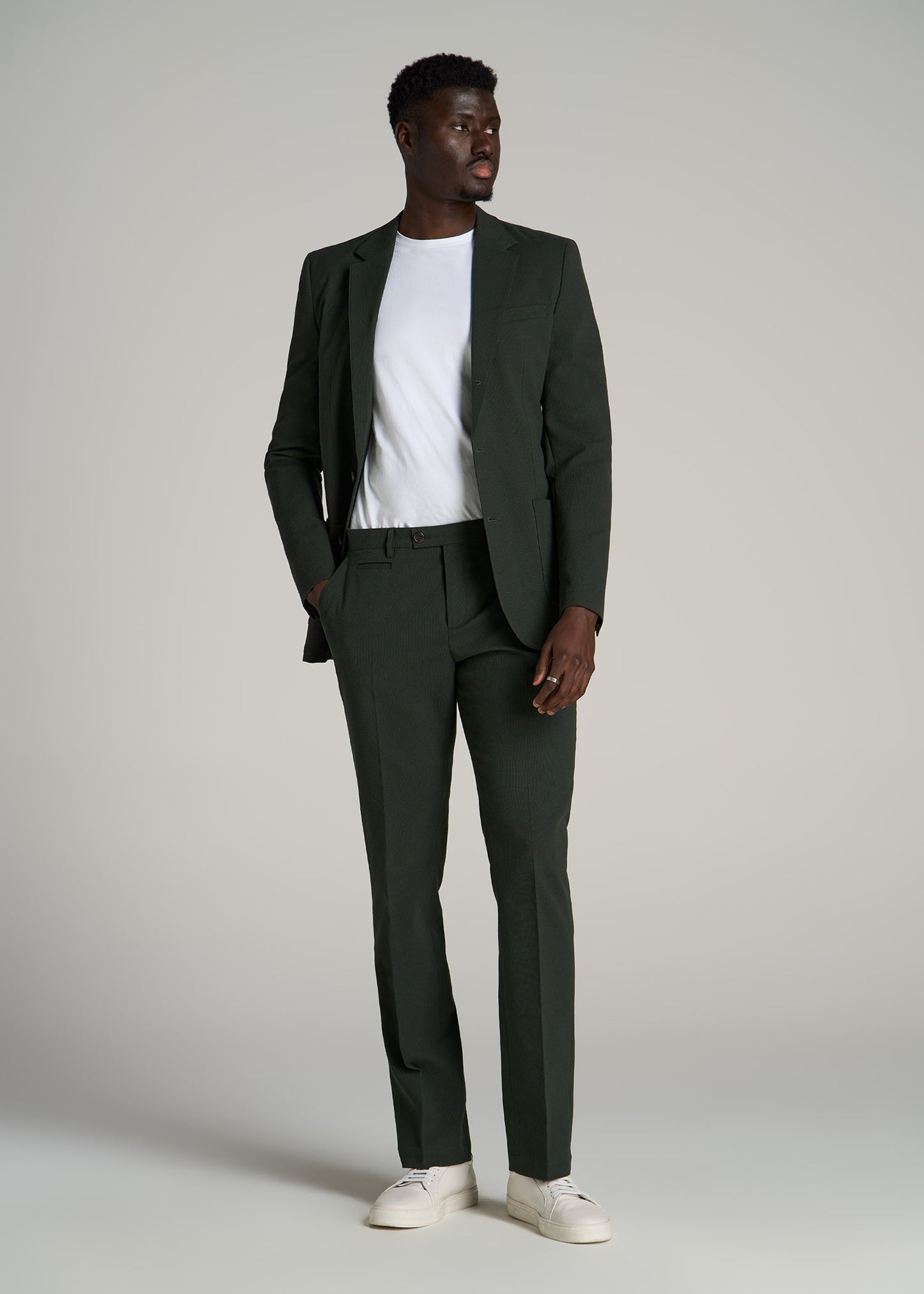 Textured Garment Washed Stretch Cotton Suit Pants for Tall Men in Dark Olive Green