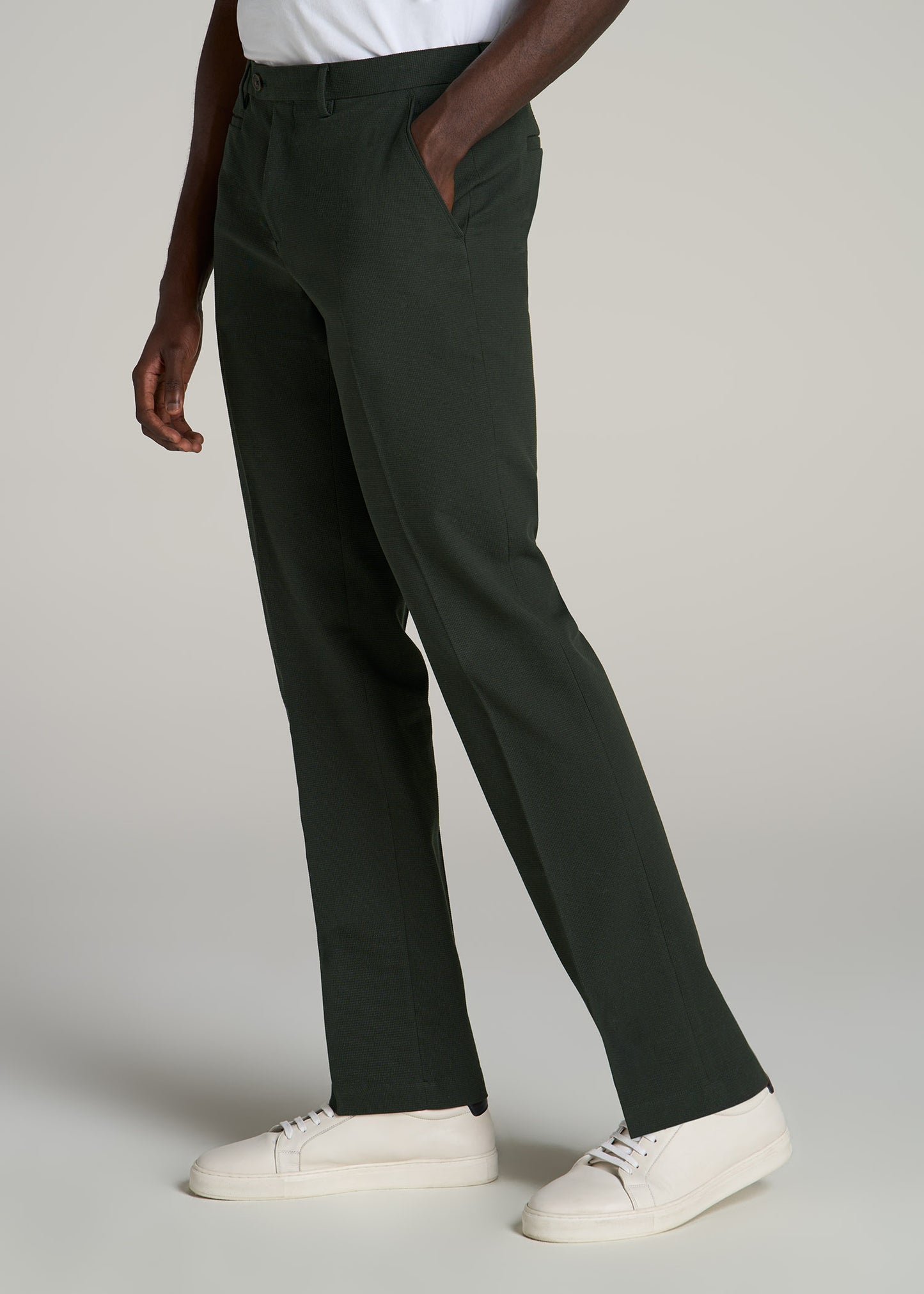 Textured Garment Washed Stretch Cotton Suit Pants for Tall Men in Dark Olive Green