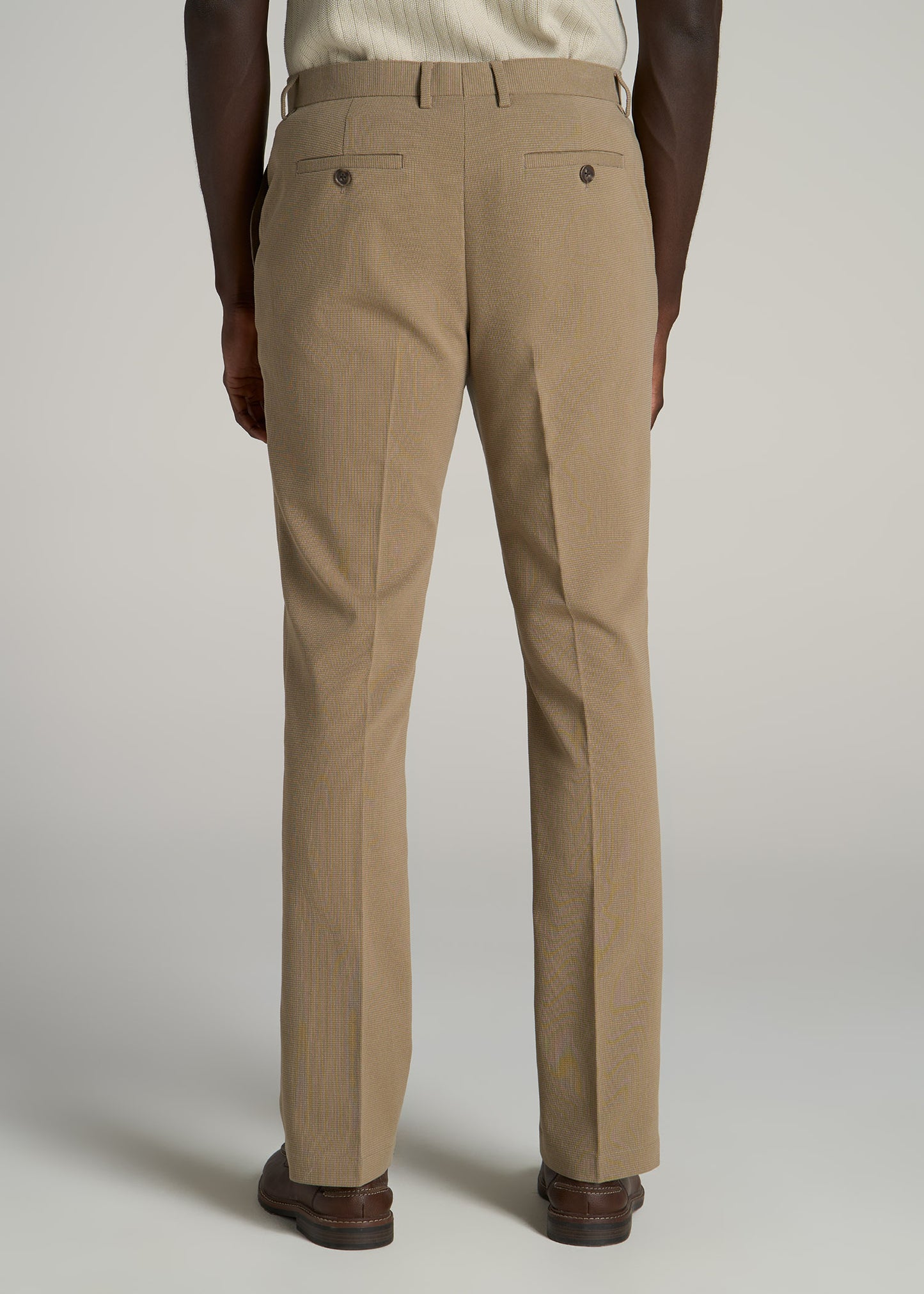 Textured Garment Washed Stretch Cotton Suit Pants for Tall Men in Desert Khaki