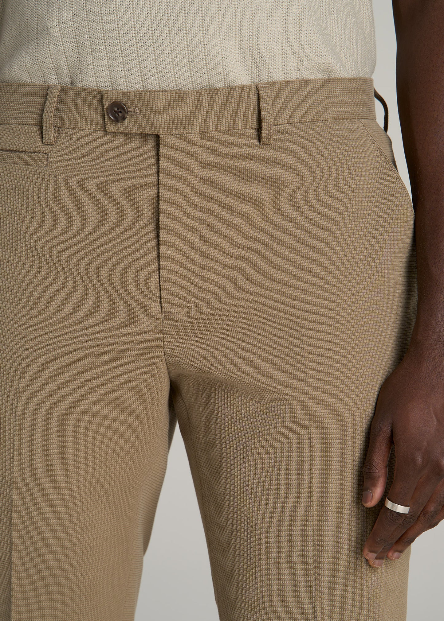 Textured Garment Washed Stretch Cotton Suit Pants for Tall Men in Desert Khaki