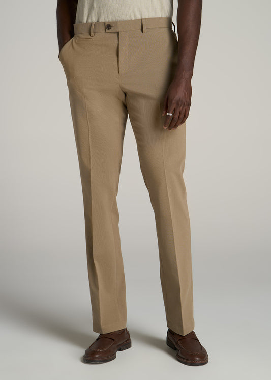 Textured Garment Washed Stretch Cotton Suit Pants for Tall Men in Desert Khaki