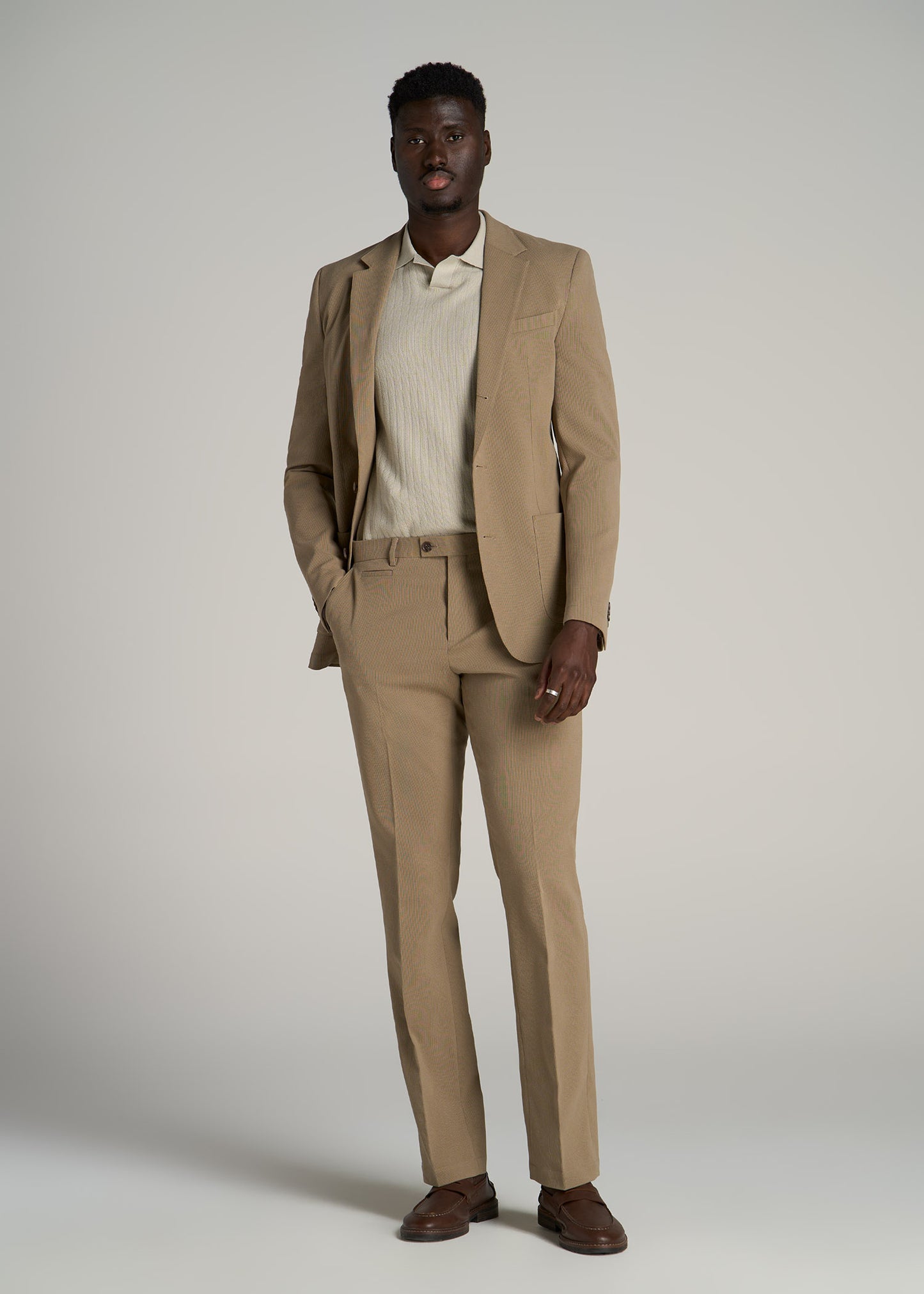 Textured Garment Washed Stretch Cotton Suit Pants for Tall Men in Desert Khaki