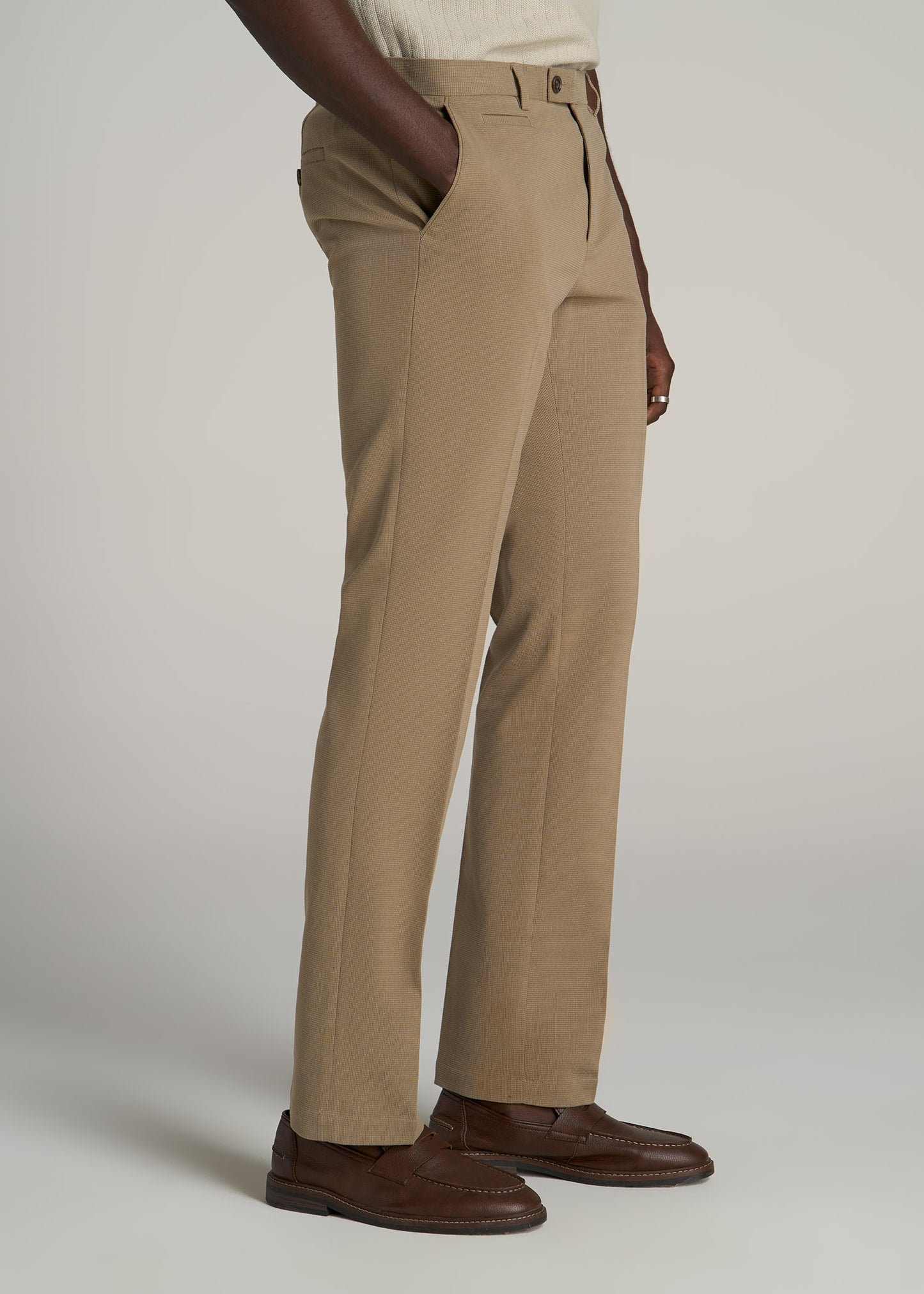 Textured Garment Washed Stretch Cotton Suit Pants for Tall Men in Desert Khaki