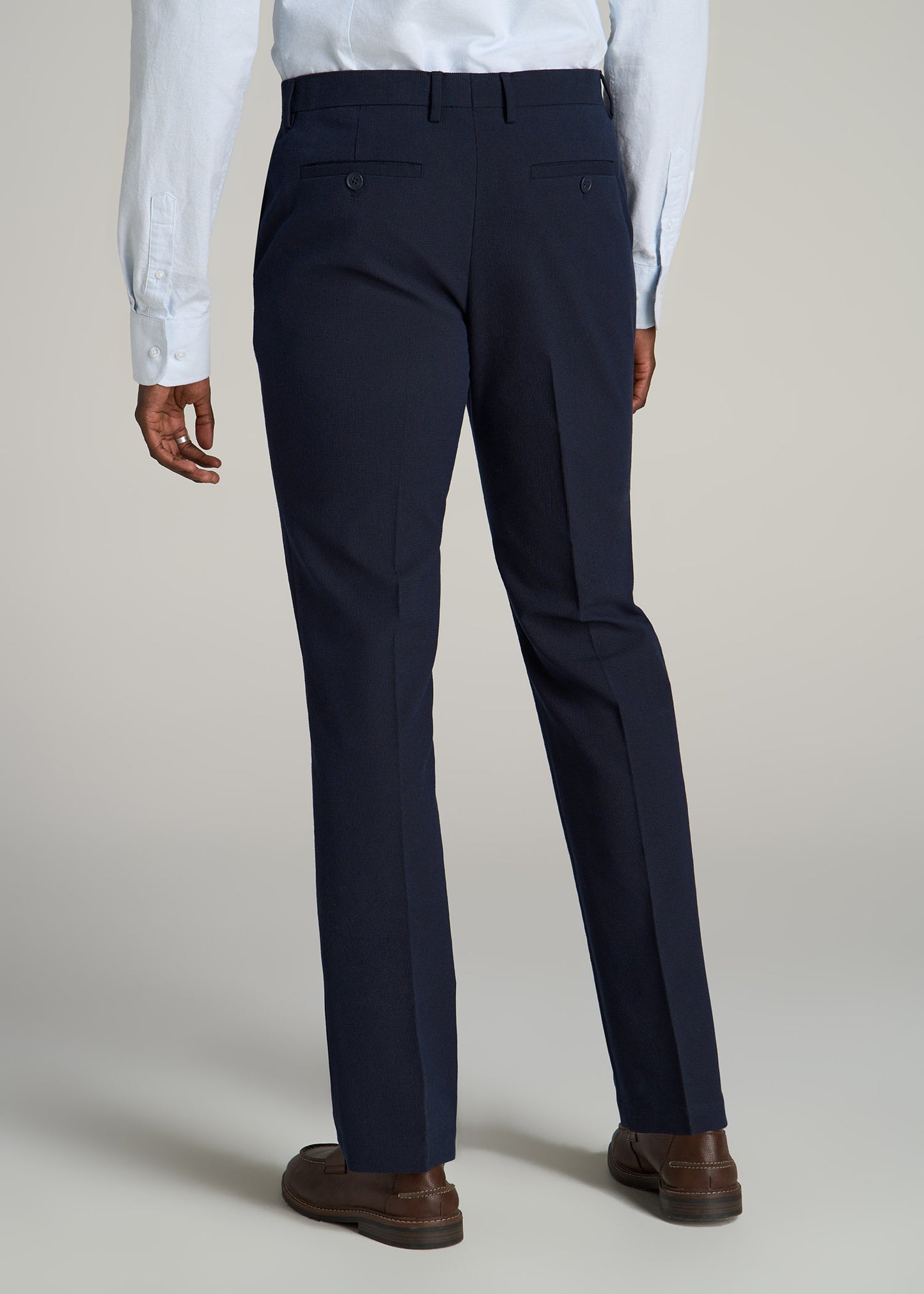 Textured Garment Washed Stretch Cotton Suit Pants for Tall Men in Evening Blue