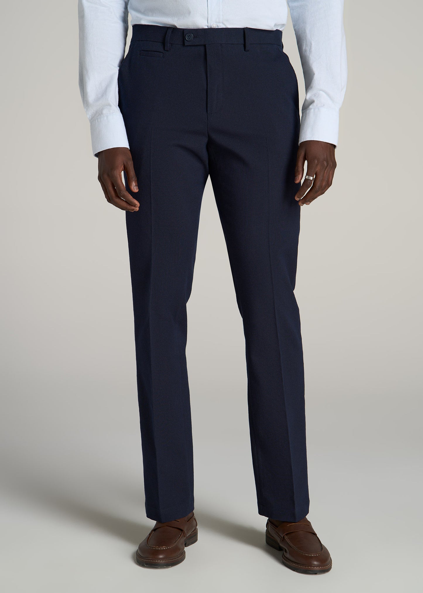 Textured Garment Washed Stretch Cotton Suit Pants for Tall Men in Evening Blue