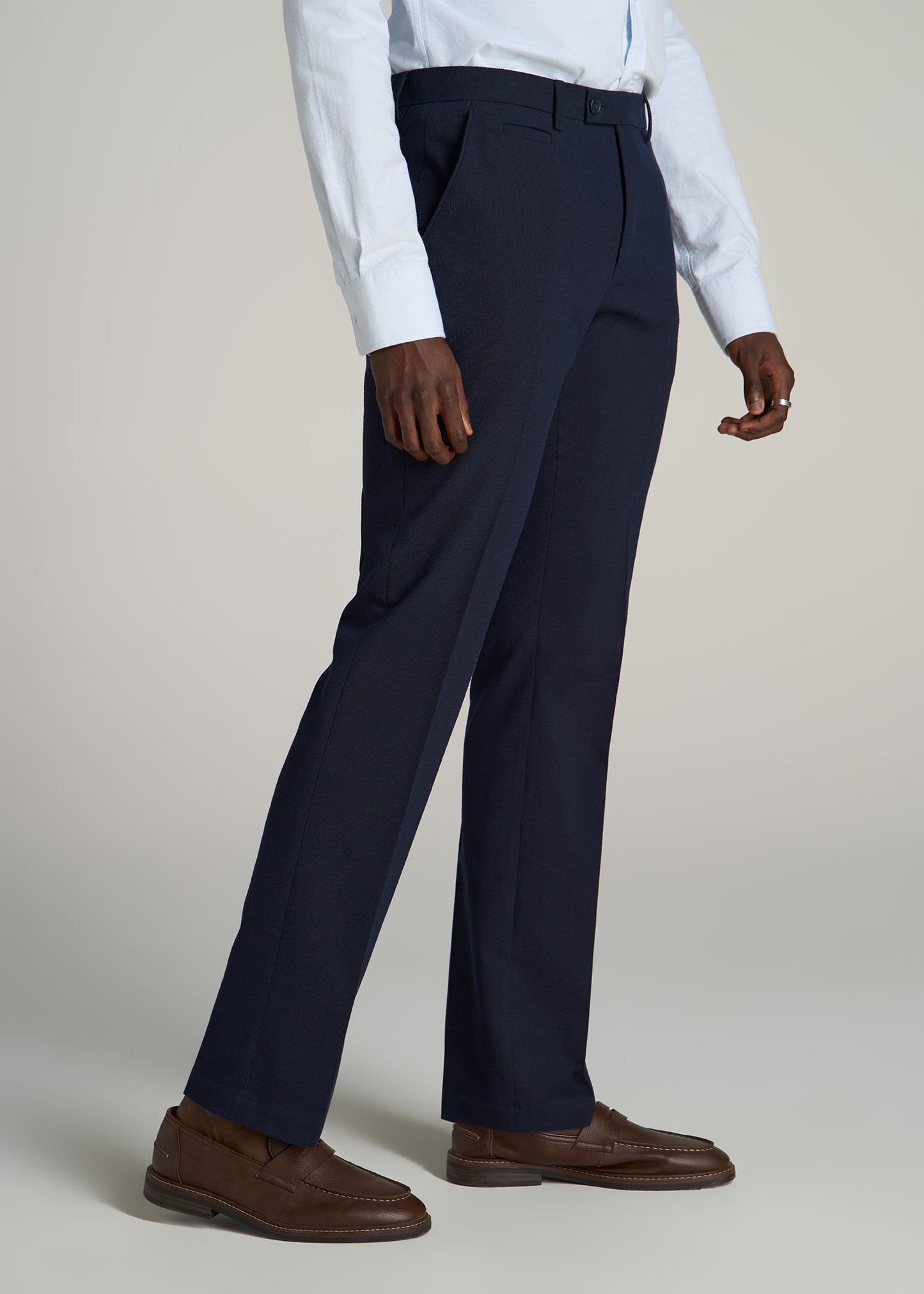 Textured Garment Washed Stretch Cotton Suit Pants for Tall Men in Evening Blue