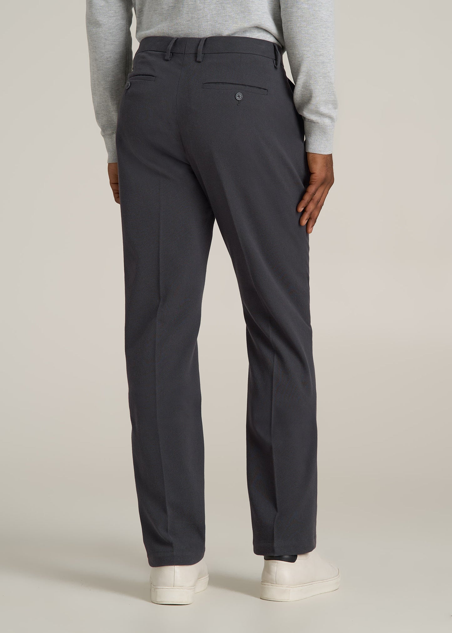 Textured Garment Washed Stretch Cotton Suit Pants for Tall Men in Iron Grey