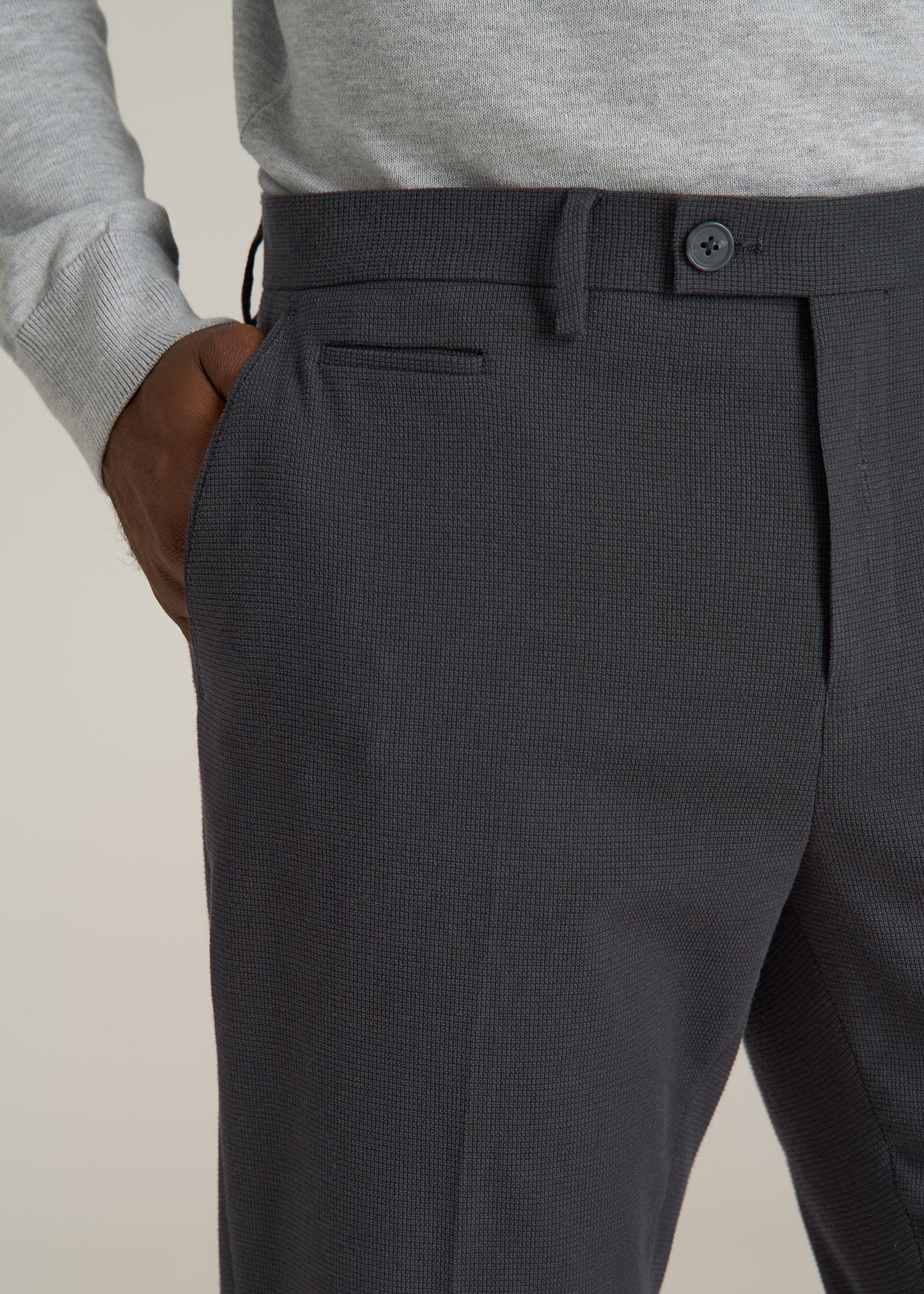 Textured Garment Washed Stretch Cotton Suit Pants for Tall Men in Iron Grey