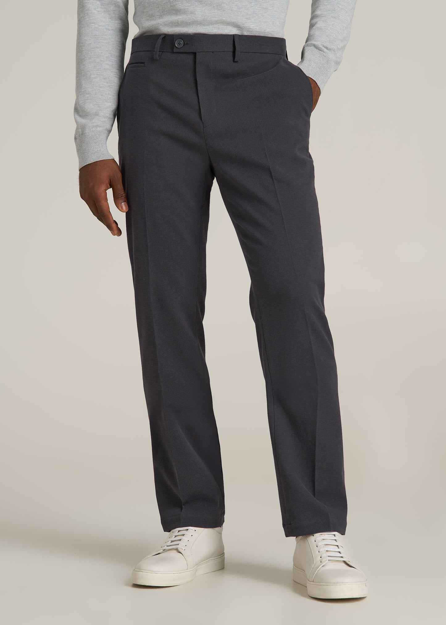 Textured Garment Washed Stretch Cotton Suit Pants for Tall Men in Iron Grey