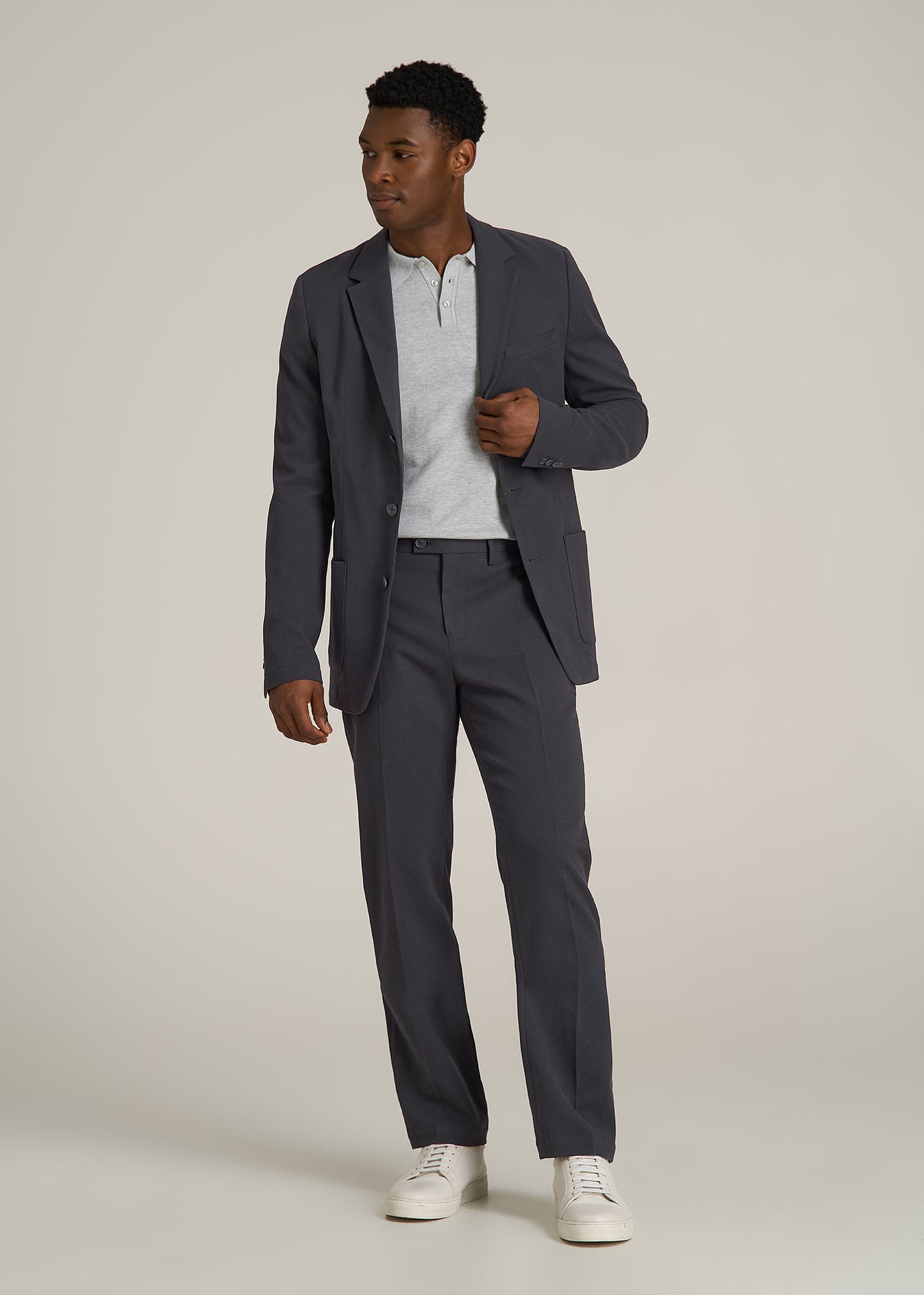 Textured Garment Washed Stretch Cotton Suit Pants for Tall Men in Iron Grey