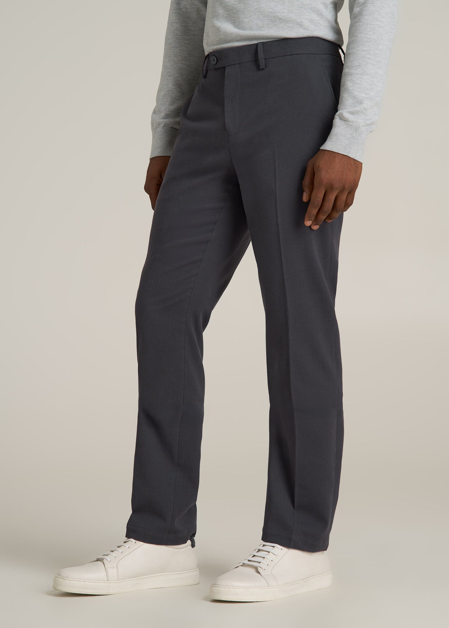 Textured Garment Washed Stretch Cotton Suit Pants for Tall Men in Iron Grey