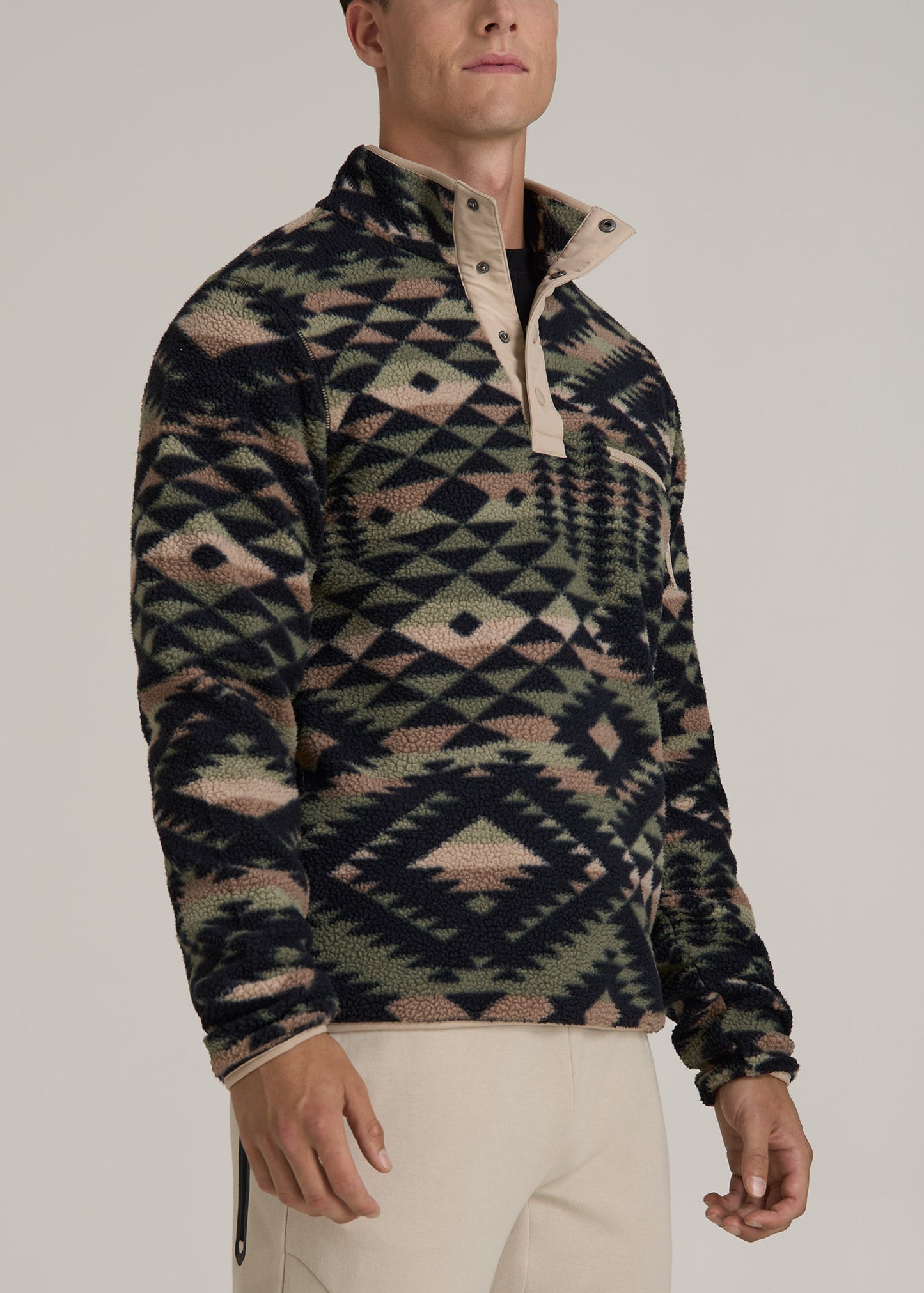 Half Snap Tall Men's Sherpa Sweatshirt in Black and Sage Geo Print