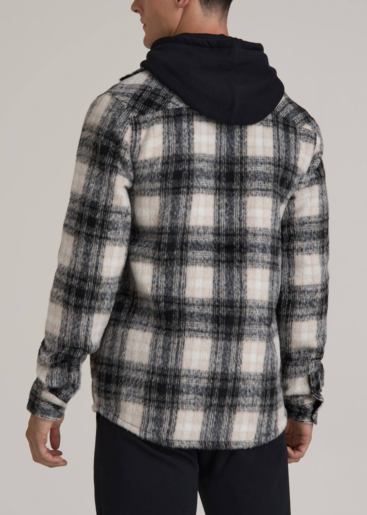 Brushed Flannel Overshirt for Tall Men in Ecru and Black Plaid