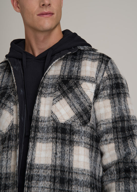 Brushed Flannel Overshirt for Tall Men in Ecru and Black Plaid