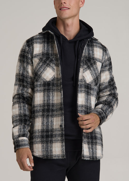 Brushed Flannel Overshirt for Tall Men in Ecru and Black Plaid