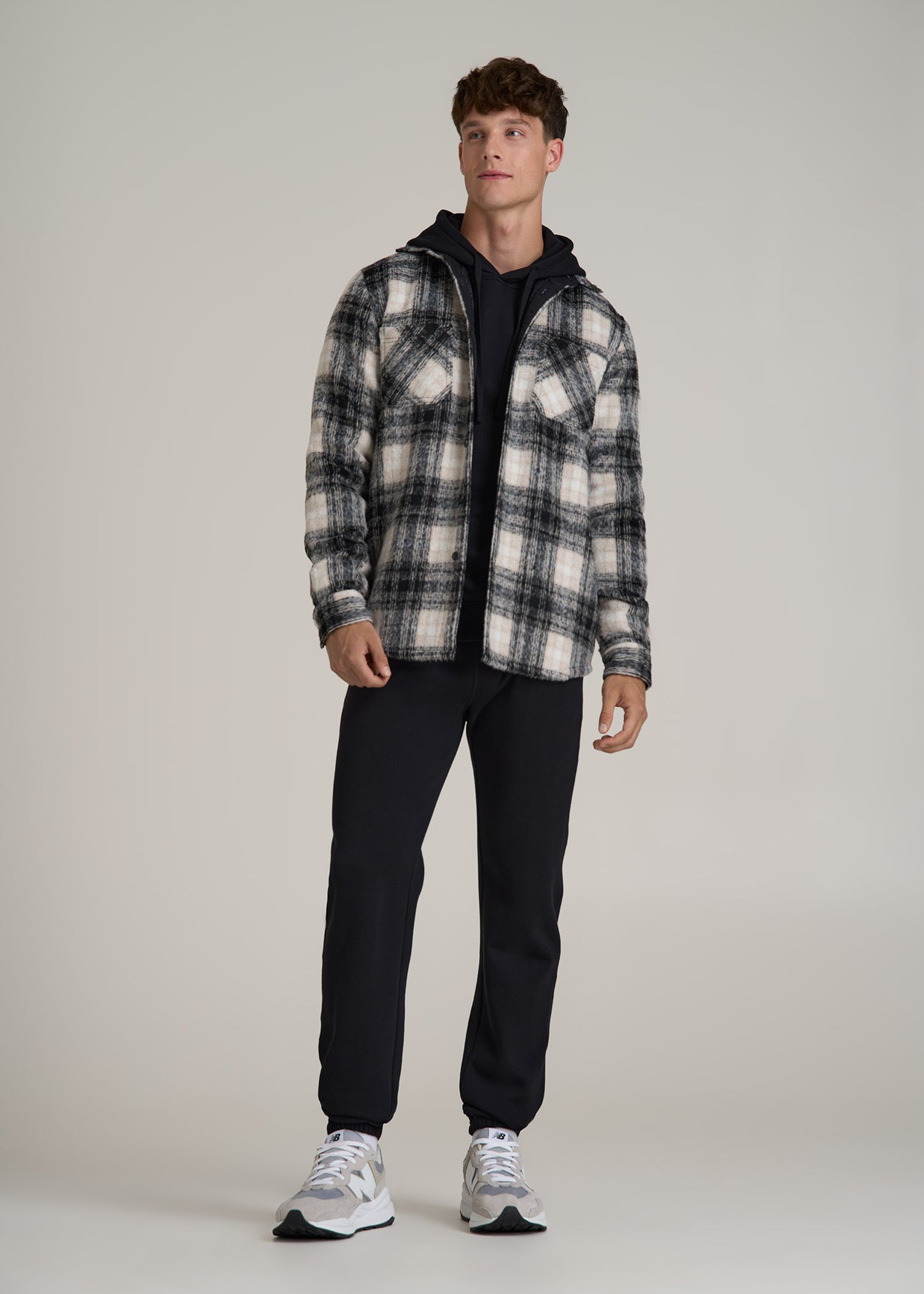 Brushed Flannel Overshirt for Tall Men in Ecru and Black Plaid