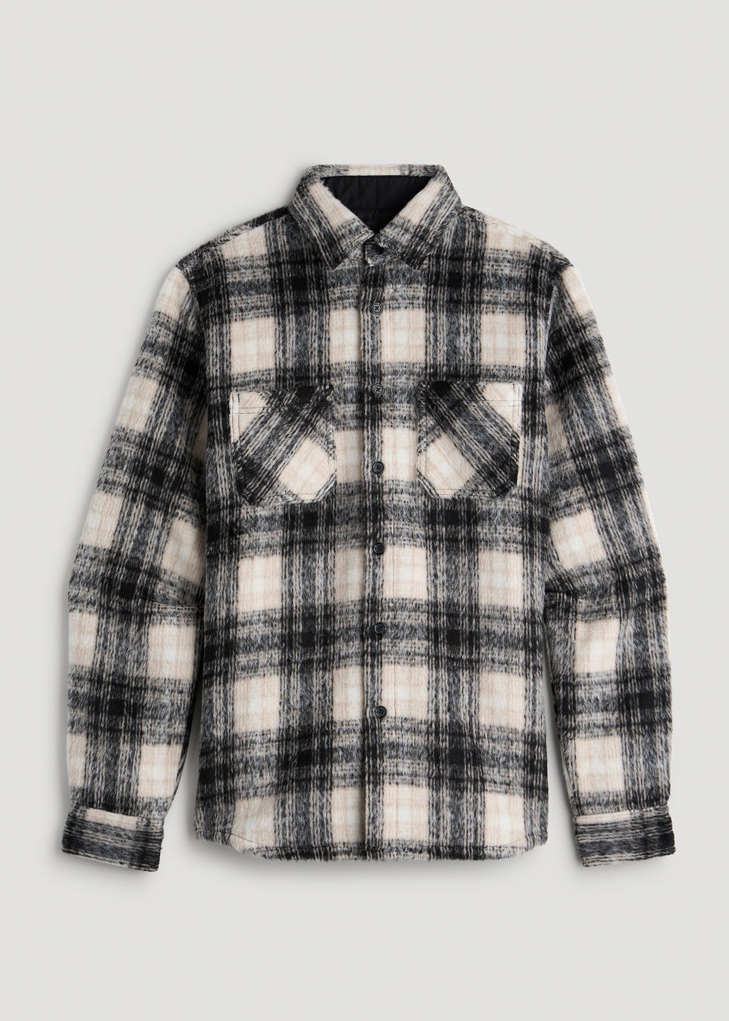 Brushed Flannel Overshirt for Tall Men in Ecru and Black Plaid