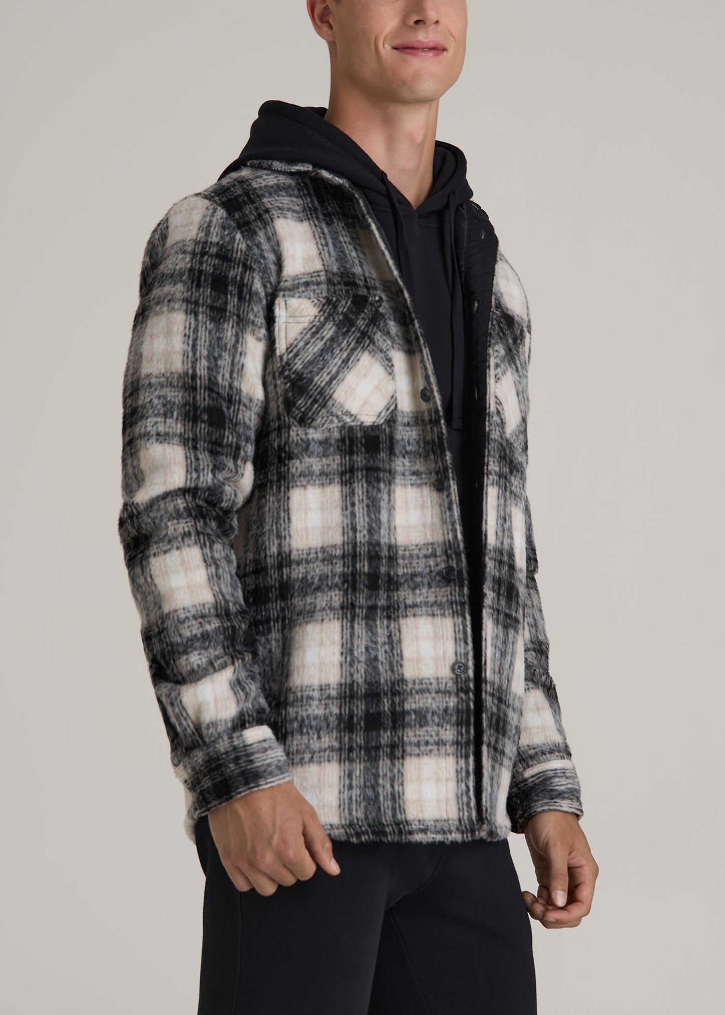 Brushed Flannel Overshirt for Tall Men in Ecru and Black Plaid