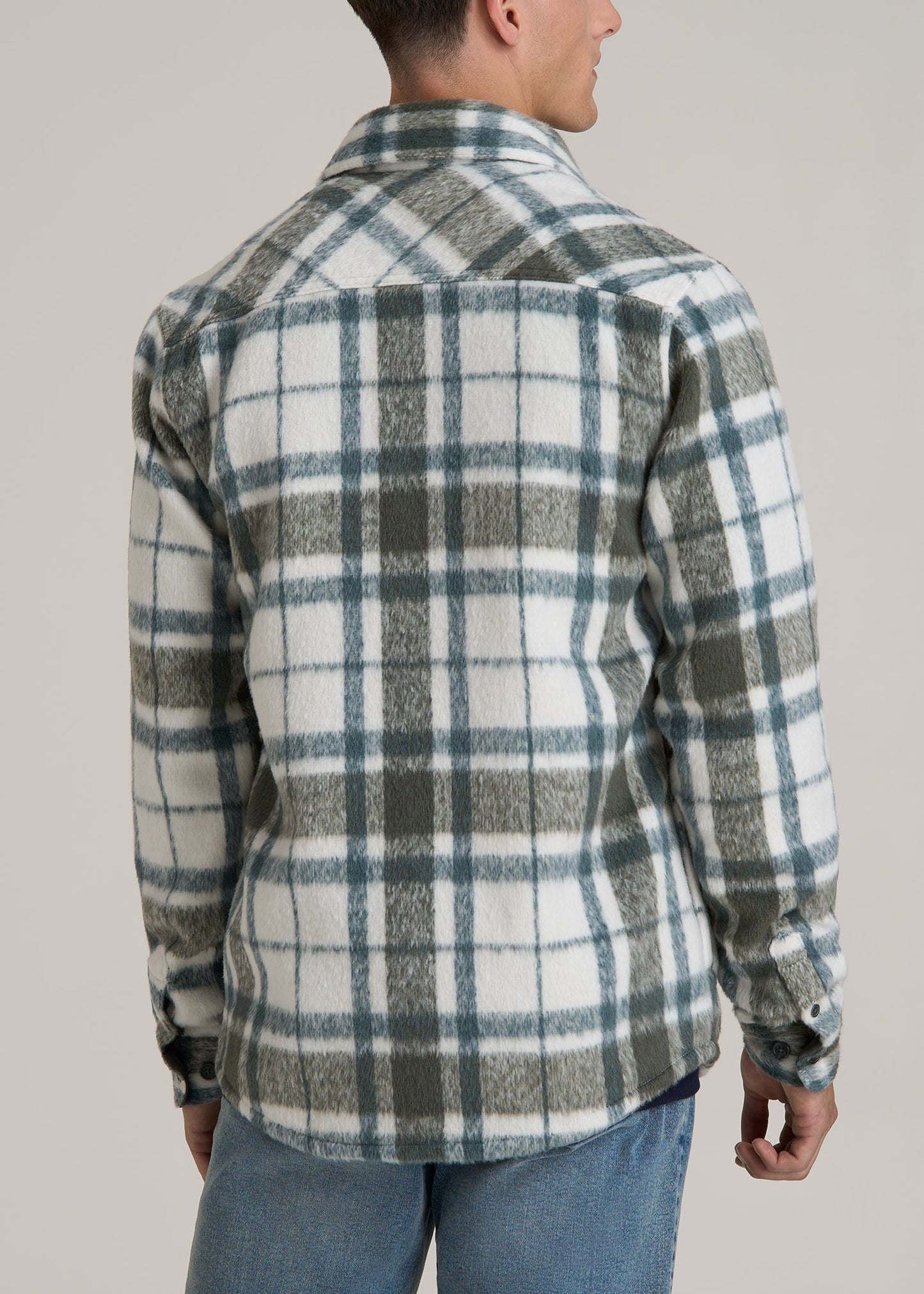 Brushed Flannel Overshirt for Tall Men in Ecru and Green Plaid