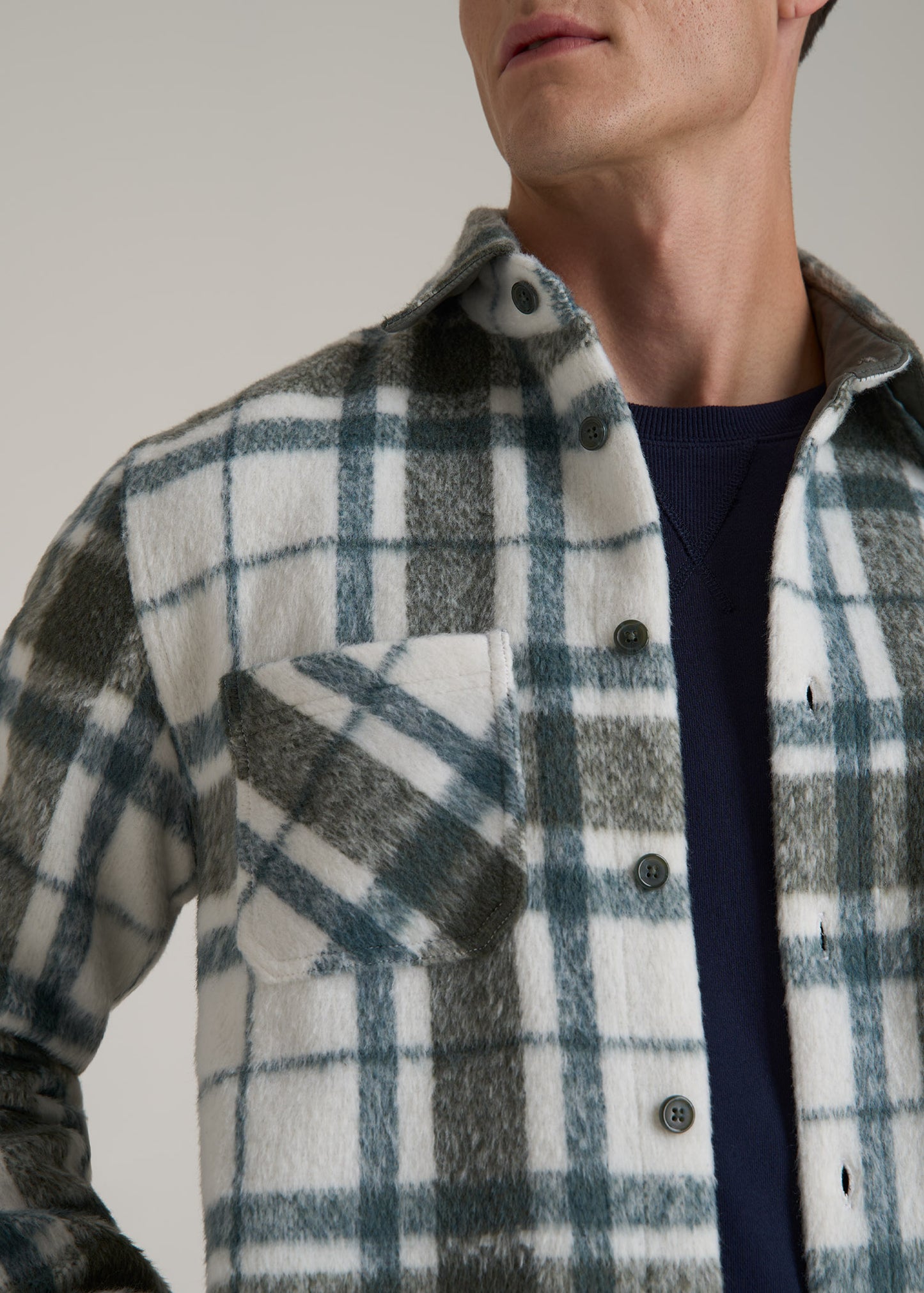 Brushed Flannel Overshirt for Tall Men in Ecru and Green Plaid