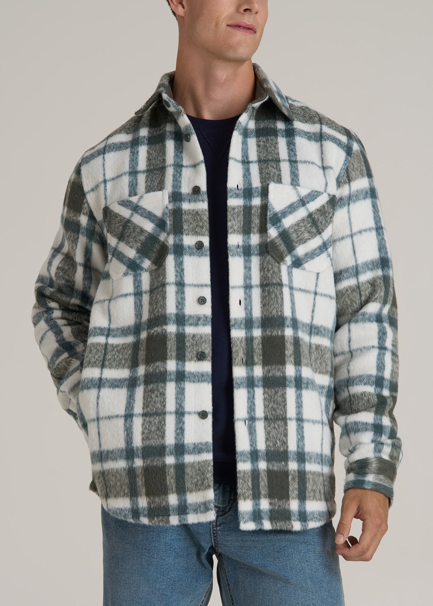 Brushed Flannel Overshirt for Tall Men in Ecru and Green Plaid