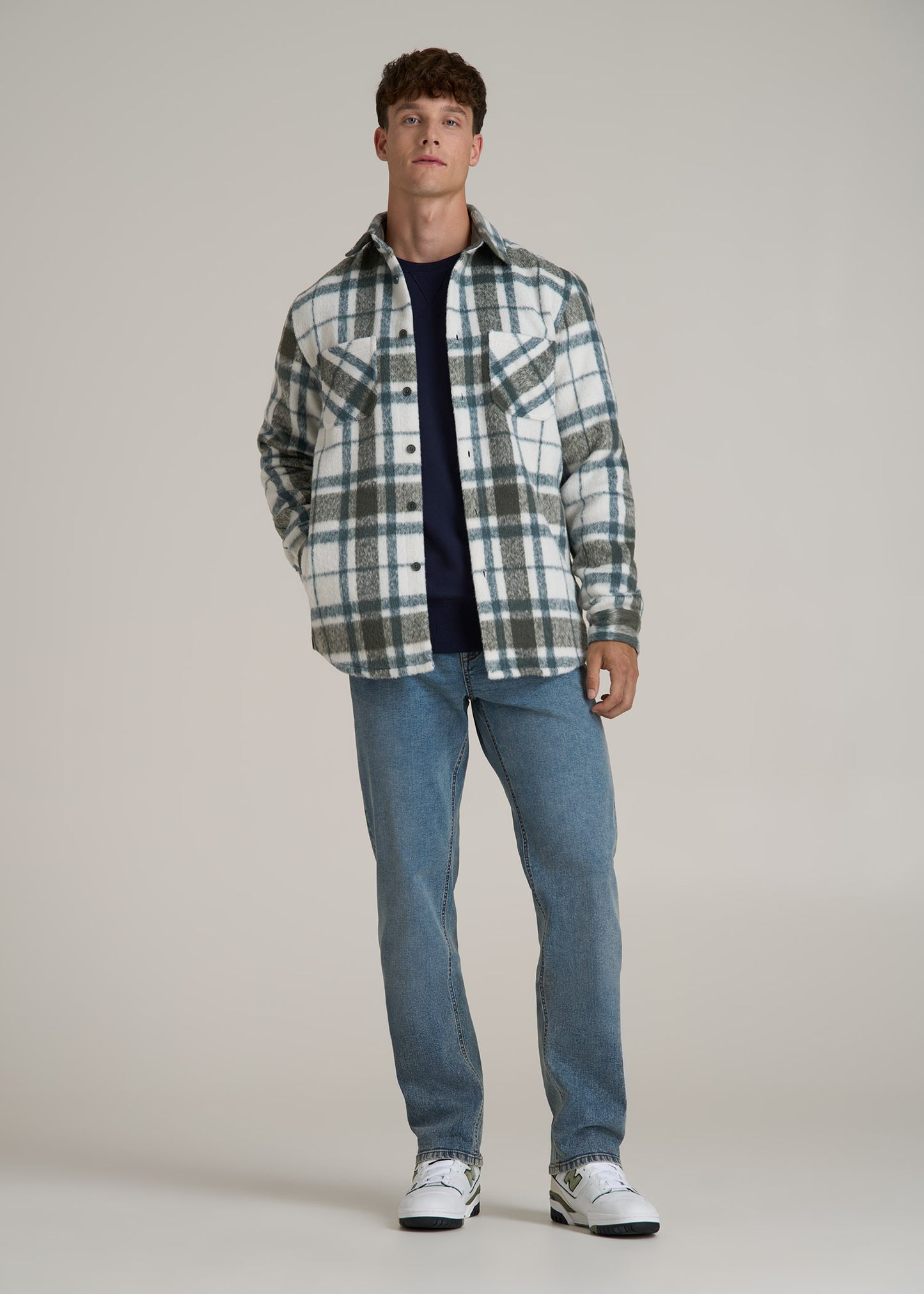 Brushed Flannel Overshirt for Tall Men in Ecru and Green Plaid