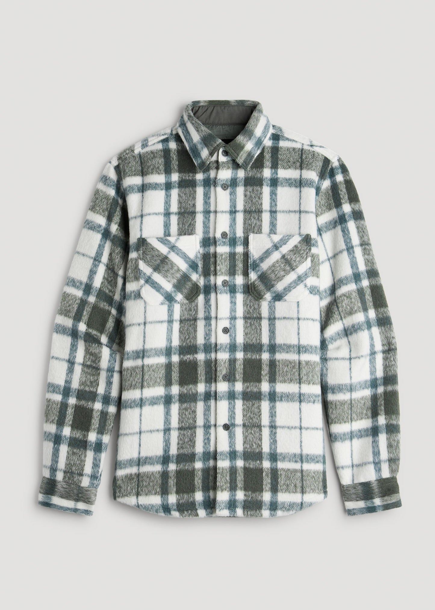 Brushed Flannel Overshirt for Tall Men in Ecru and Green Plaid