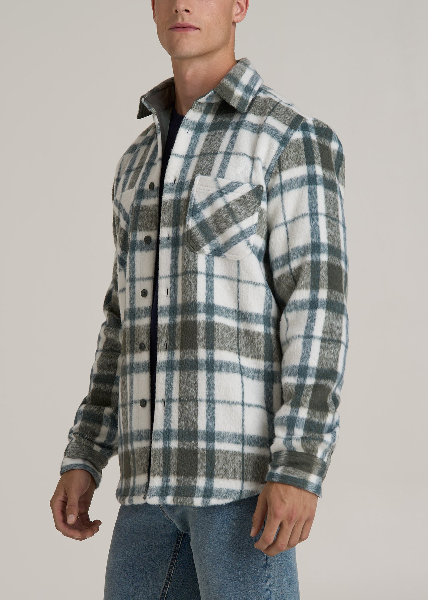 Brushed Flannel Overshirt for Tall Men in Ecru and Green Plaid