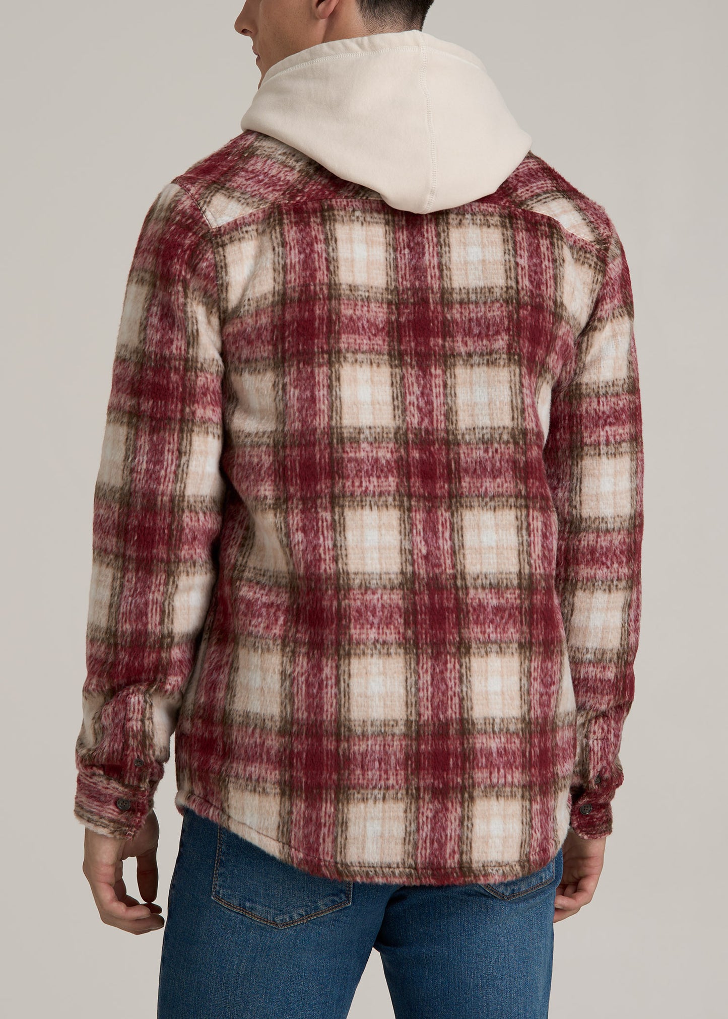 Brushed Flannel Overshirt for Tall Men in Ecru and Red Plaid