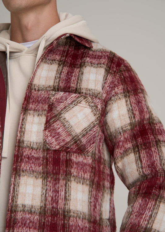 Brushed Flannel Overshirt for Tall Men in Ecru and Red Plaid