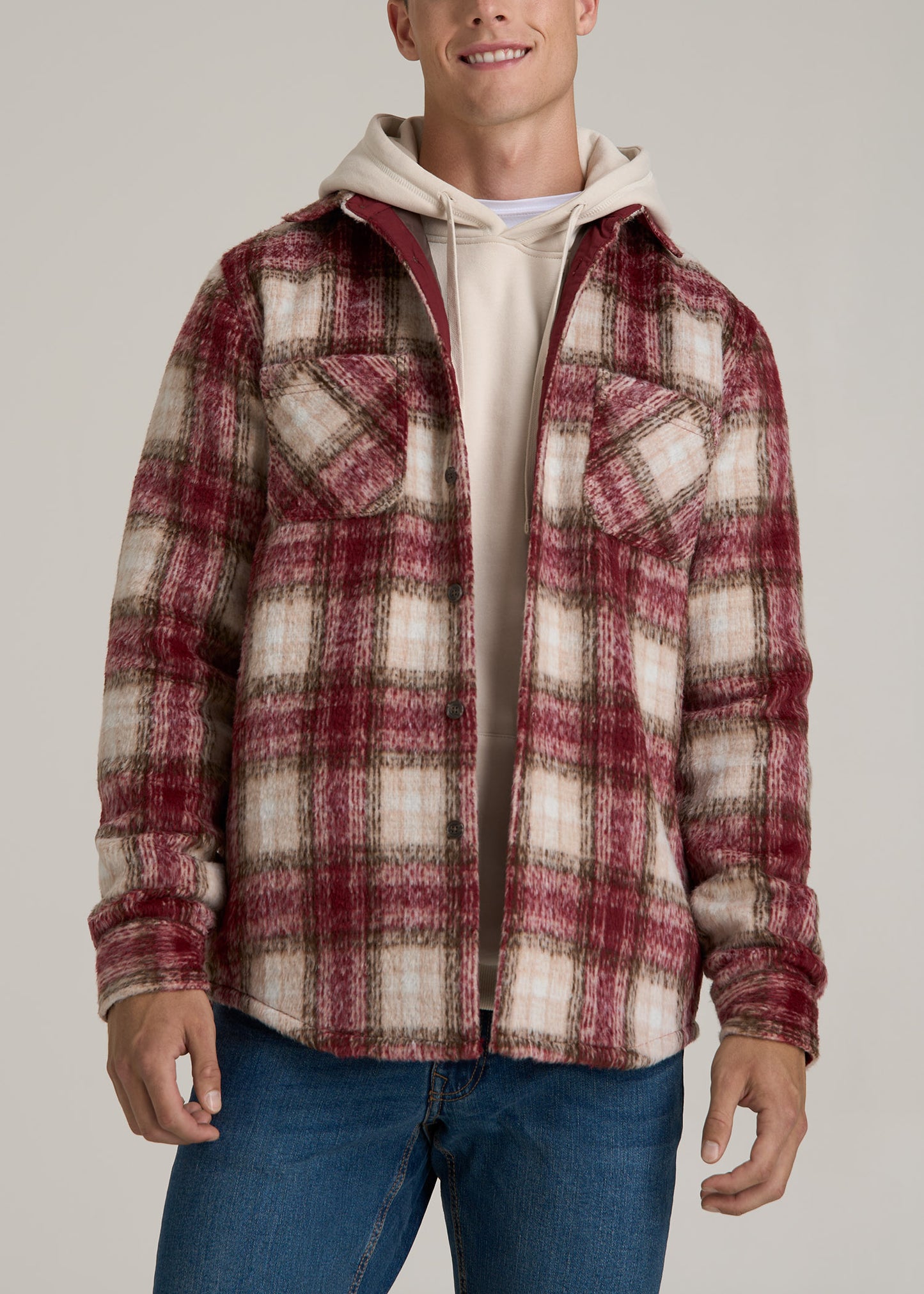 Brushed Flannel Overshirt for Tall Men in Ecru and Red Plaid