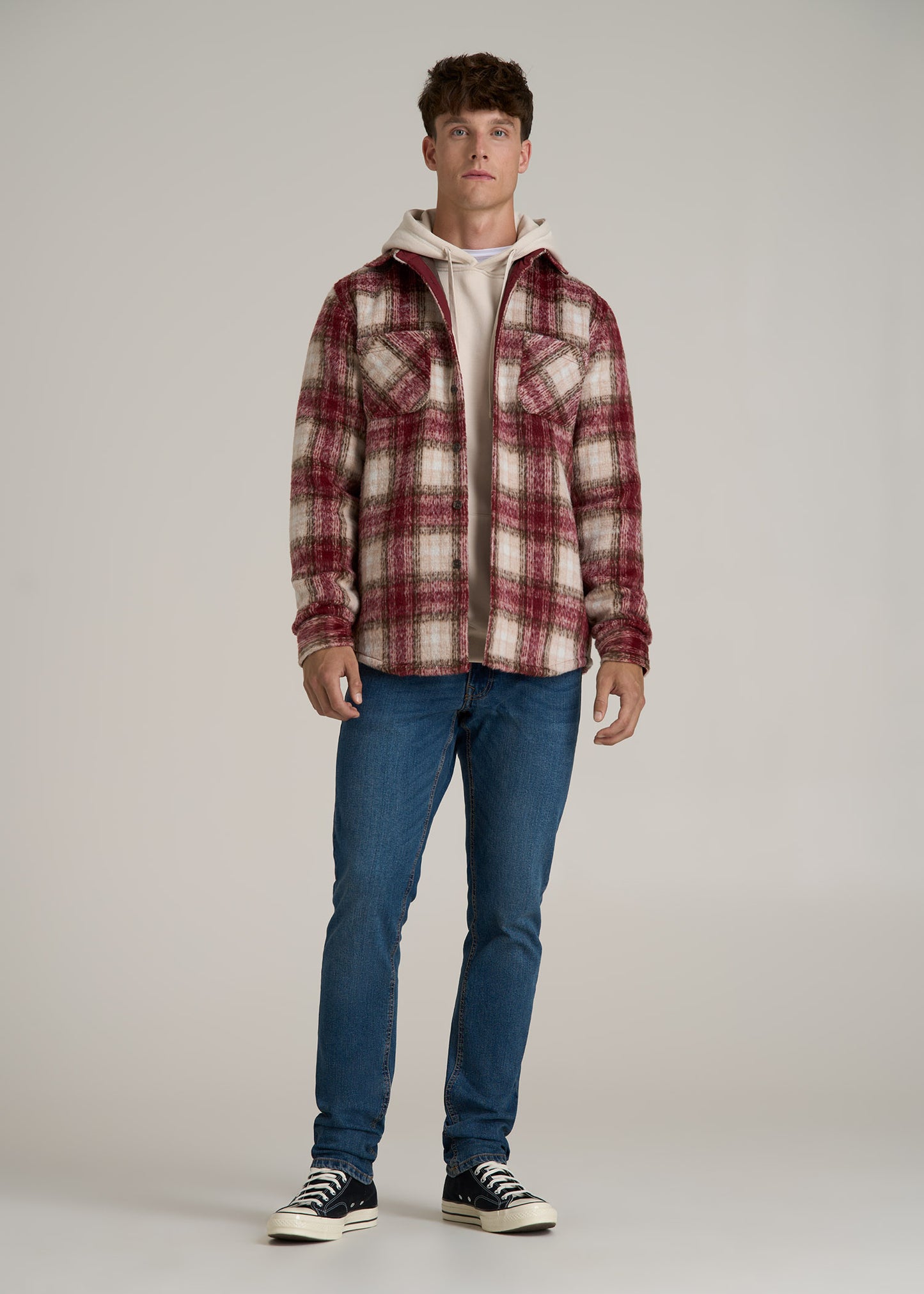 Brushed Flannel Overshirt for Tall Men in Ecru and Red Plaid