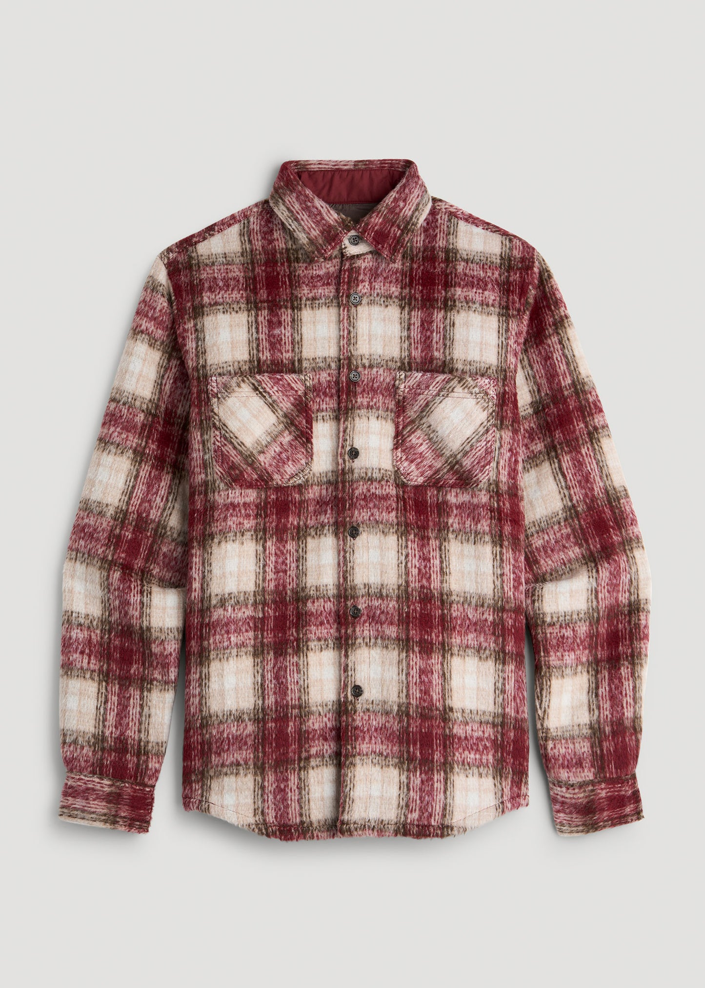 Brushed Flannel Overshirt for Tall Men in Ecru and Red Plaid