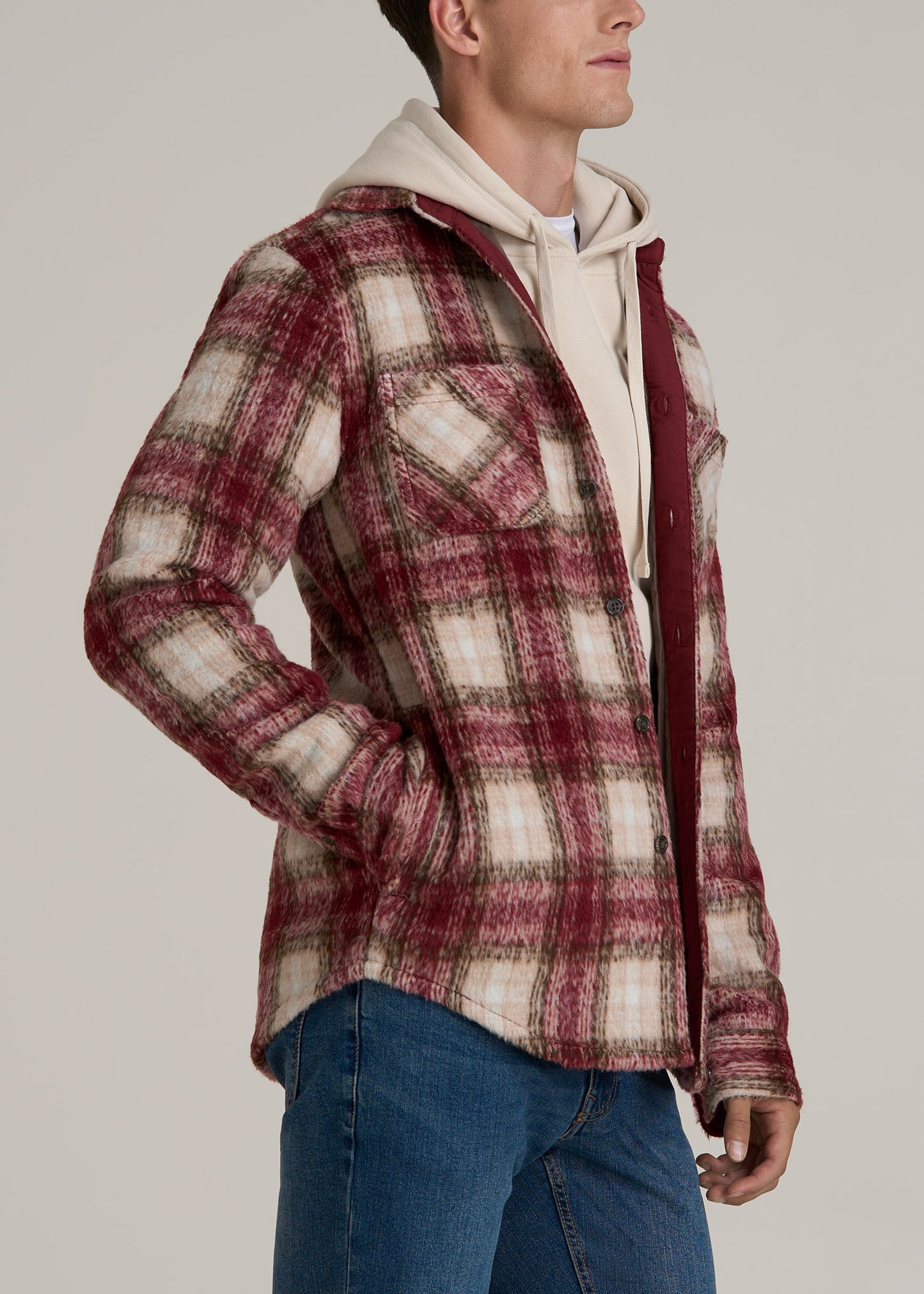 Brushed Flannel Overshirt for Tall Men in Ecru and Red Plaid