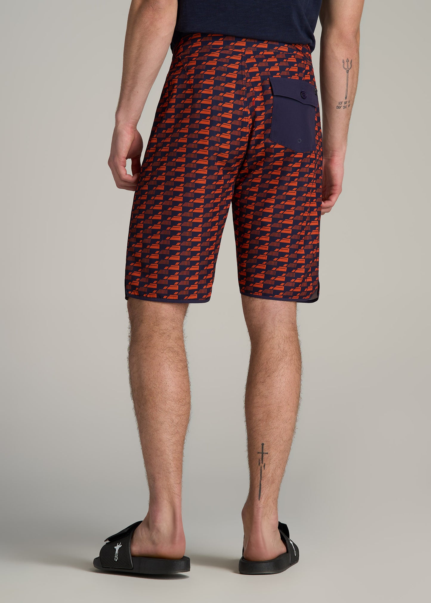 Hi-Tide Scallop Board Shorts for Tall Men in Bright Orange Geometric