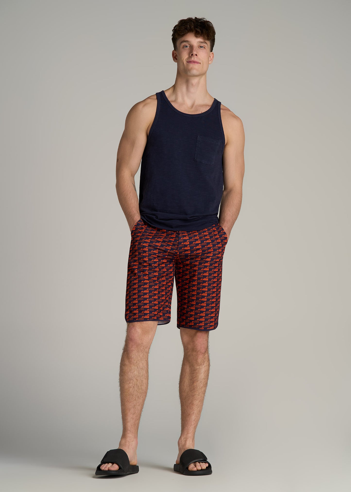 Hi-Tide Scallop Board Shorts for Tall Men in Bright Orange Geometric