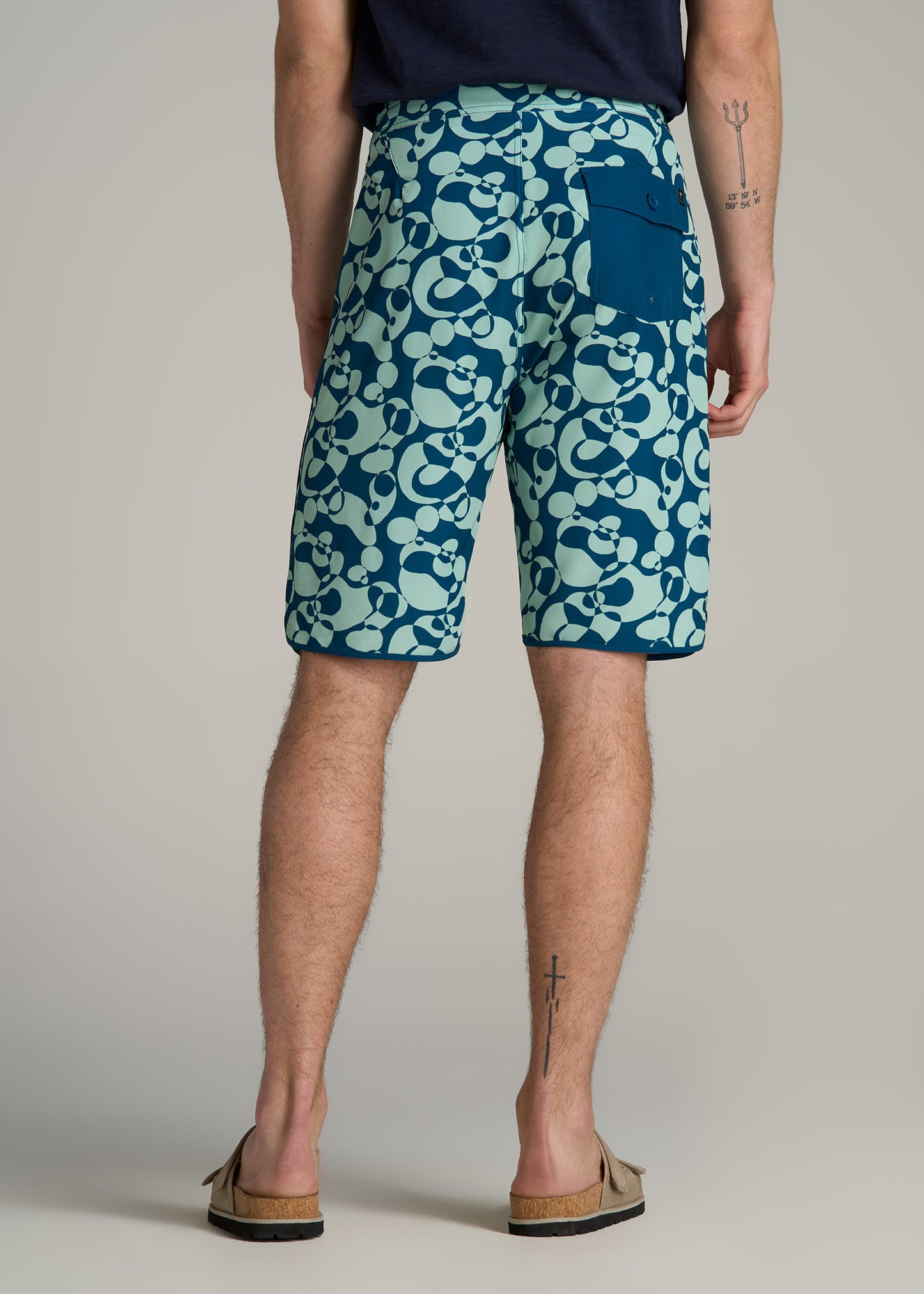 Hi-Tide Scallop Board Shorts for Tall Men in Mint Abstract