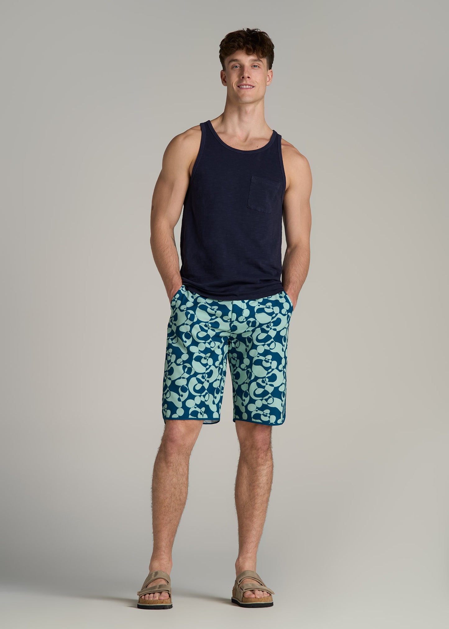 Hi-Tide Scallop Board Shorts for Tall Men in Mint Abstract