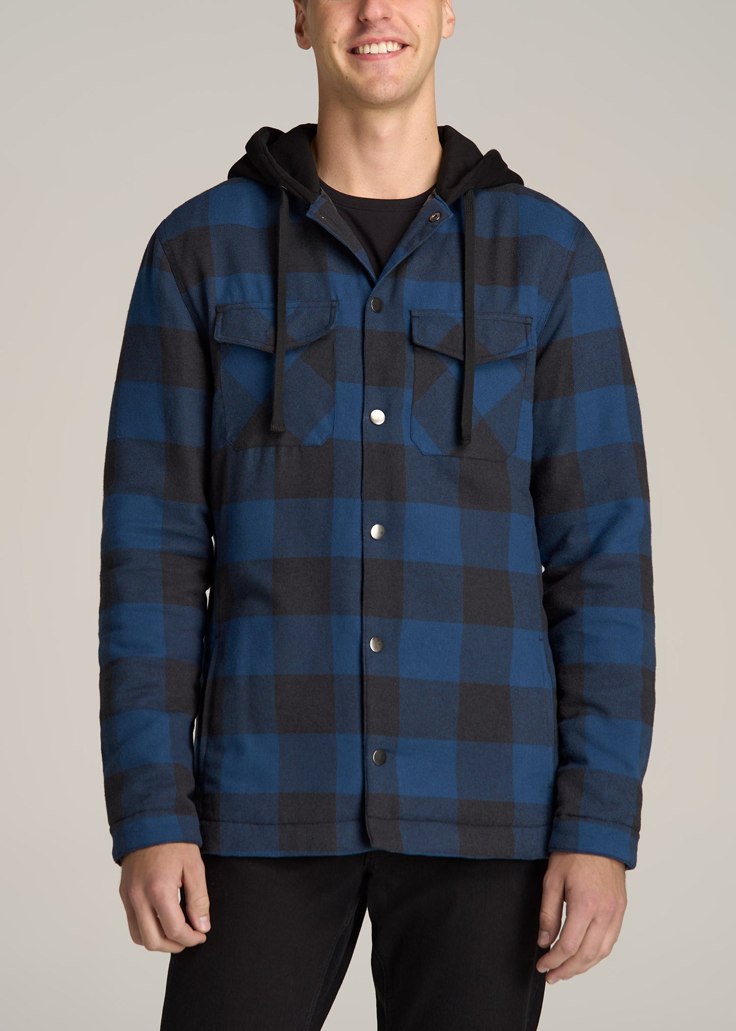 Hooded Flannel Shirt Jacket for Tall Men in Black and Blue Check