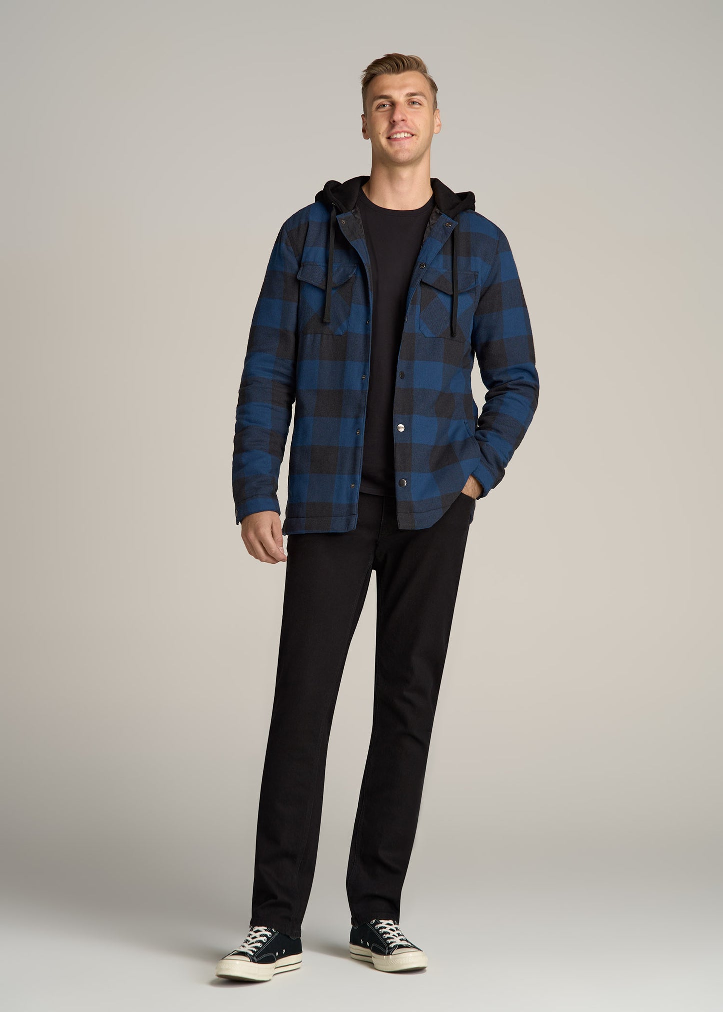 Hooded Flannel Shirt Jacket for Tall Men in Black and Blue Check