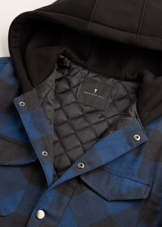 Hooded Flannel Shirt Jacket for Tall Men in Black and Blue Check