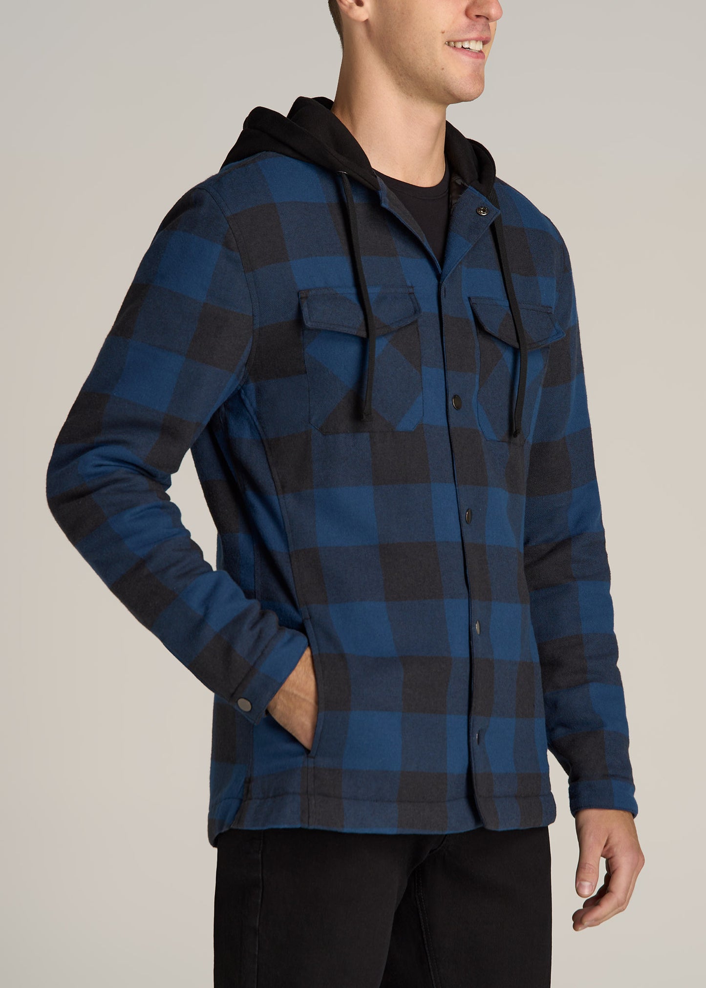 Hooded Flannel Shirt Jacket for Tall Men in Black and Blue Check