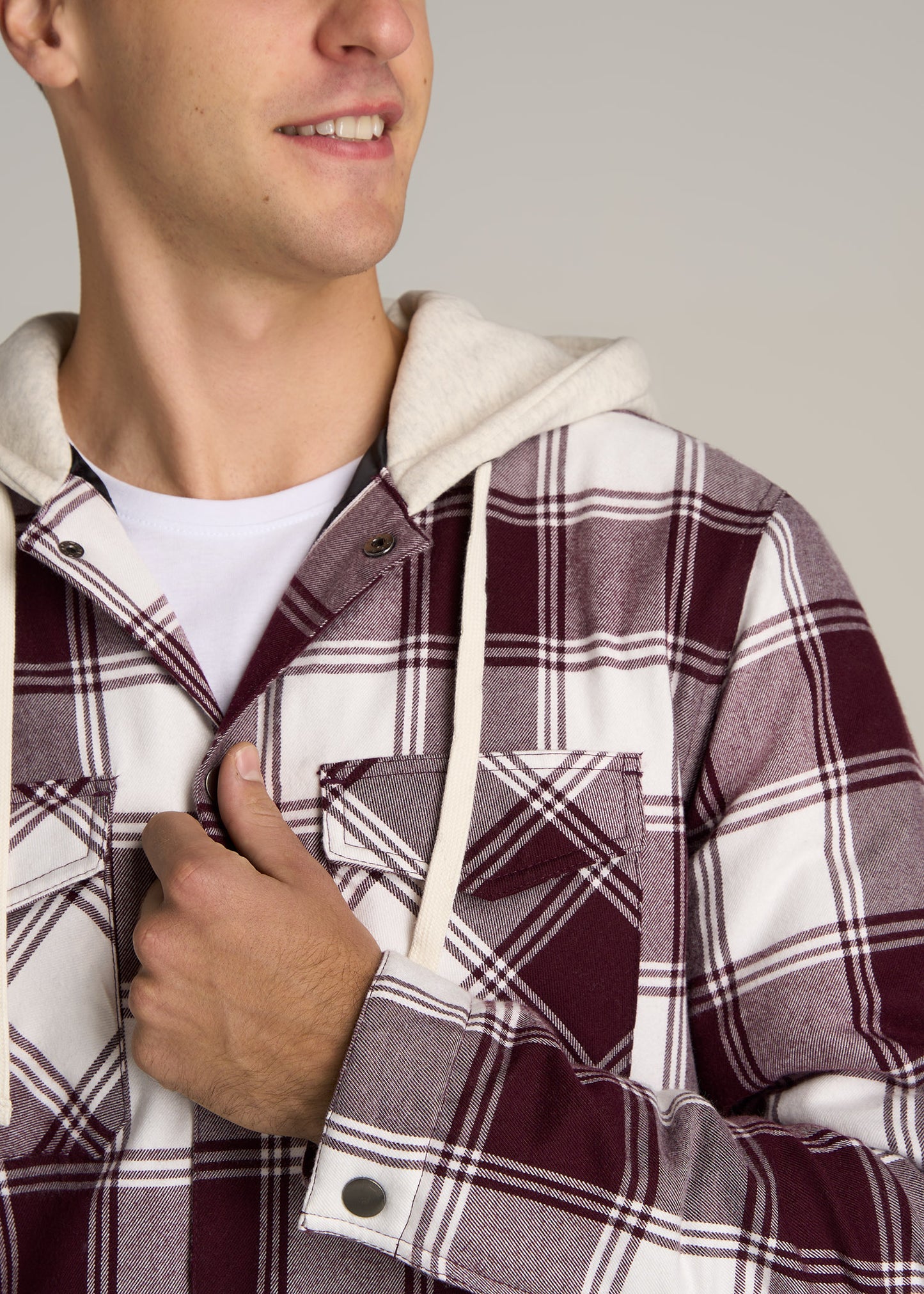 Hooded Flannel Shirt Jacket for Tall Men in Maroon & White Plaid